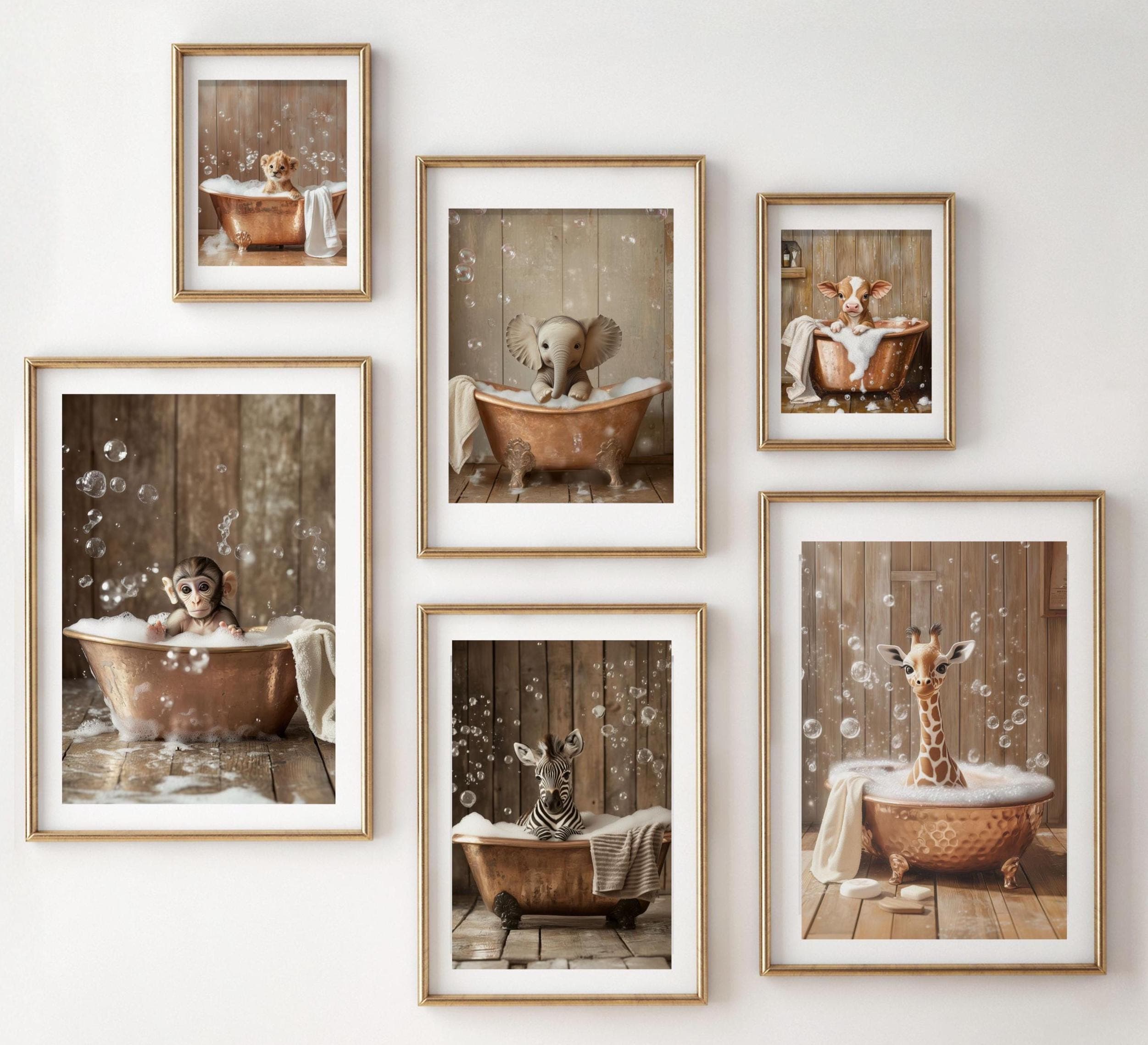 Animal in Bathtub Print, Funny Bathroom Wall Decor, Nursery Animal Prints, Animal Gallery Set, Set of 6, Bathroom Art Print, Safari Bathtub