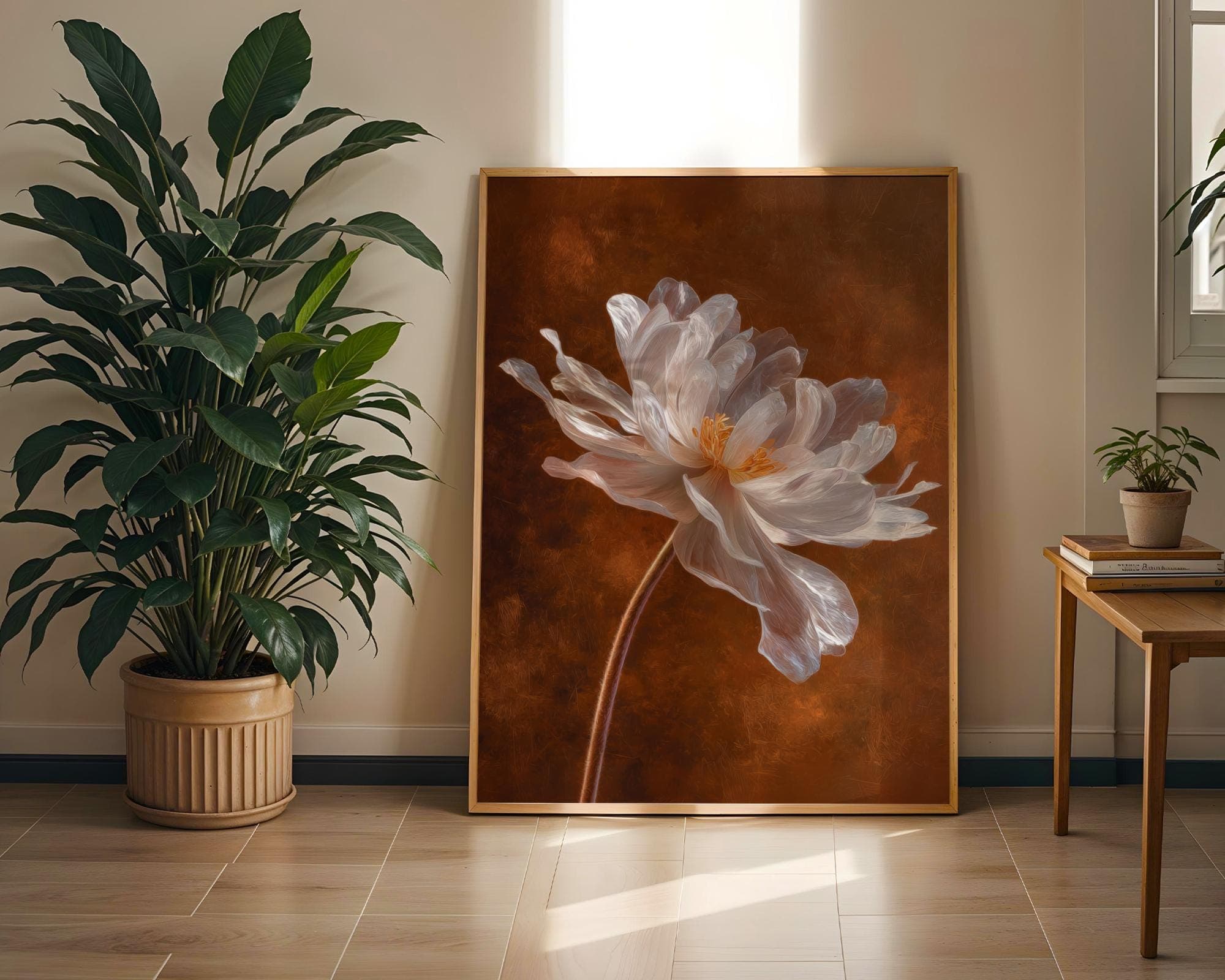 White Peony Flower Wall Art Botanical Painting Print on Burnt Orange Background, White Peony Wall Art, Peony Bloom Art, Botanical Art Print - view 4