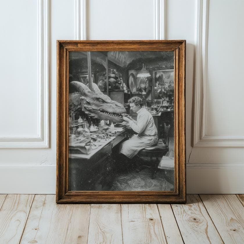 Vintage Dentist Treating Dragon Art Print, Steampunk Gothic Decor (Digital Download)