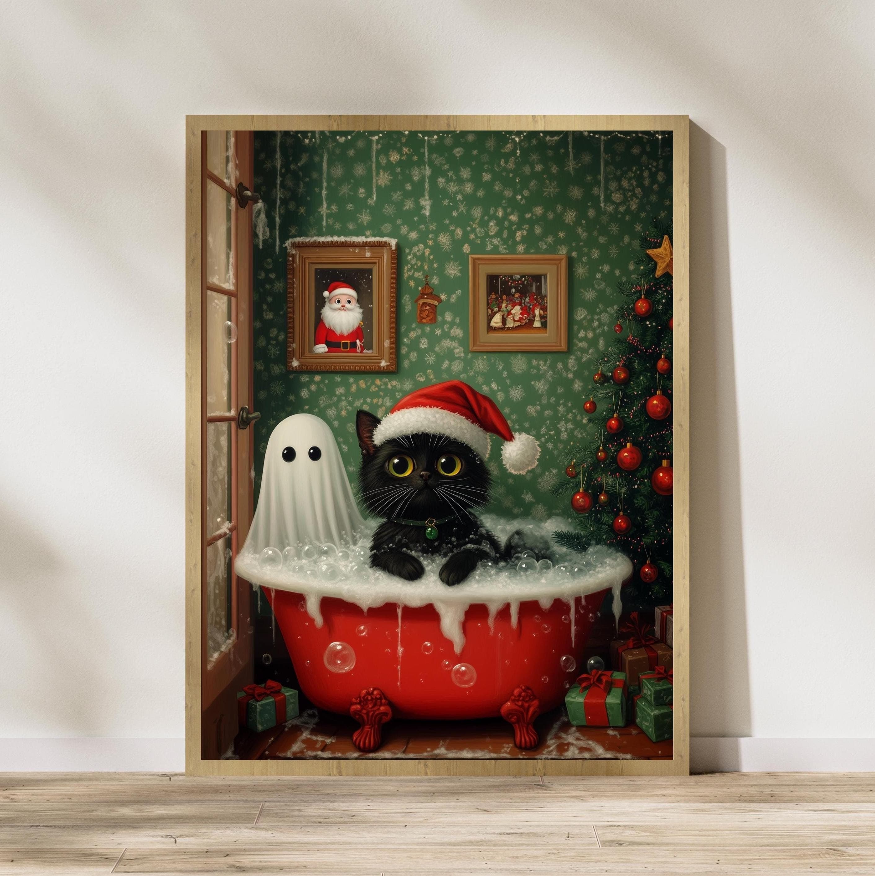 Ghost and Cat Christmas Bubblebath Poster, Spooky Cute Ghost Xmas Bath Art, Black Cat Print, Whimsigoth Holiday Decor, UNFRAMED, Cat Poster