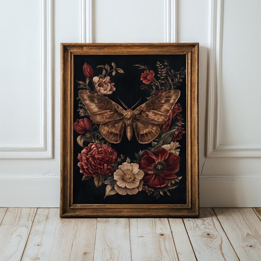 Vintage Moth and Floral Wall Art Print – botanical printable, floral dark academia, Nature Moth Wall Art, Botanical Moth Poster, Vintage Art