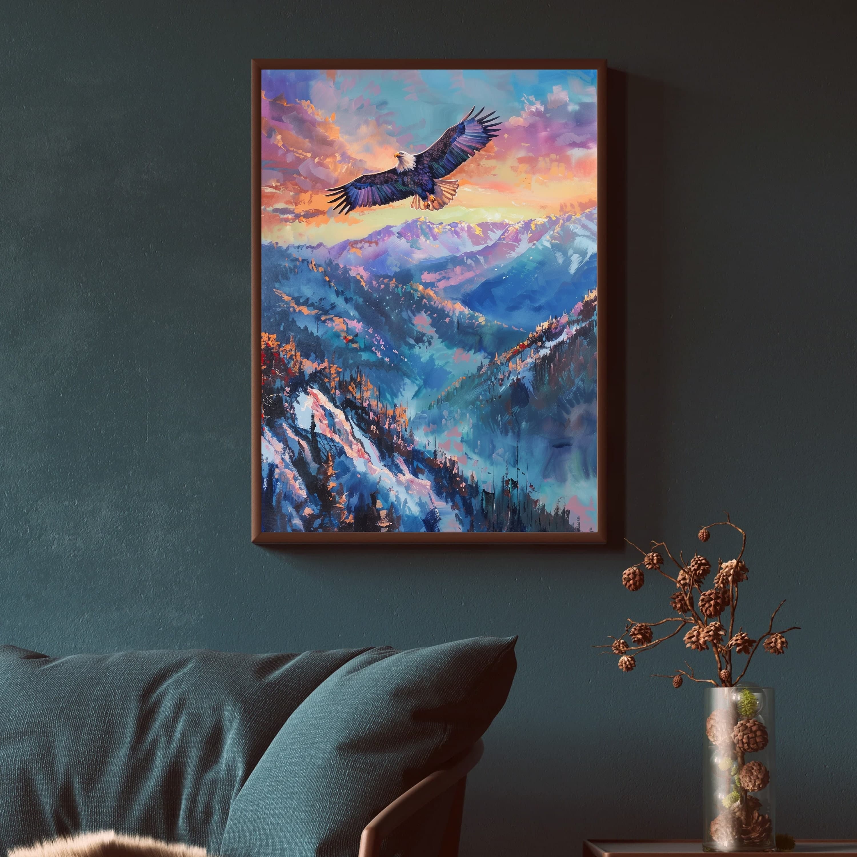 Eagle Flying Mountain Poster, Oil Painting, Eagle Landscape Poster, Wildlife Wall Art, Eagle Soaring, Colorful Mountain Landscape Poster - view 7