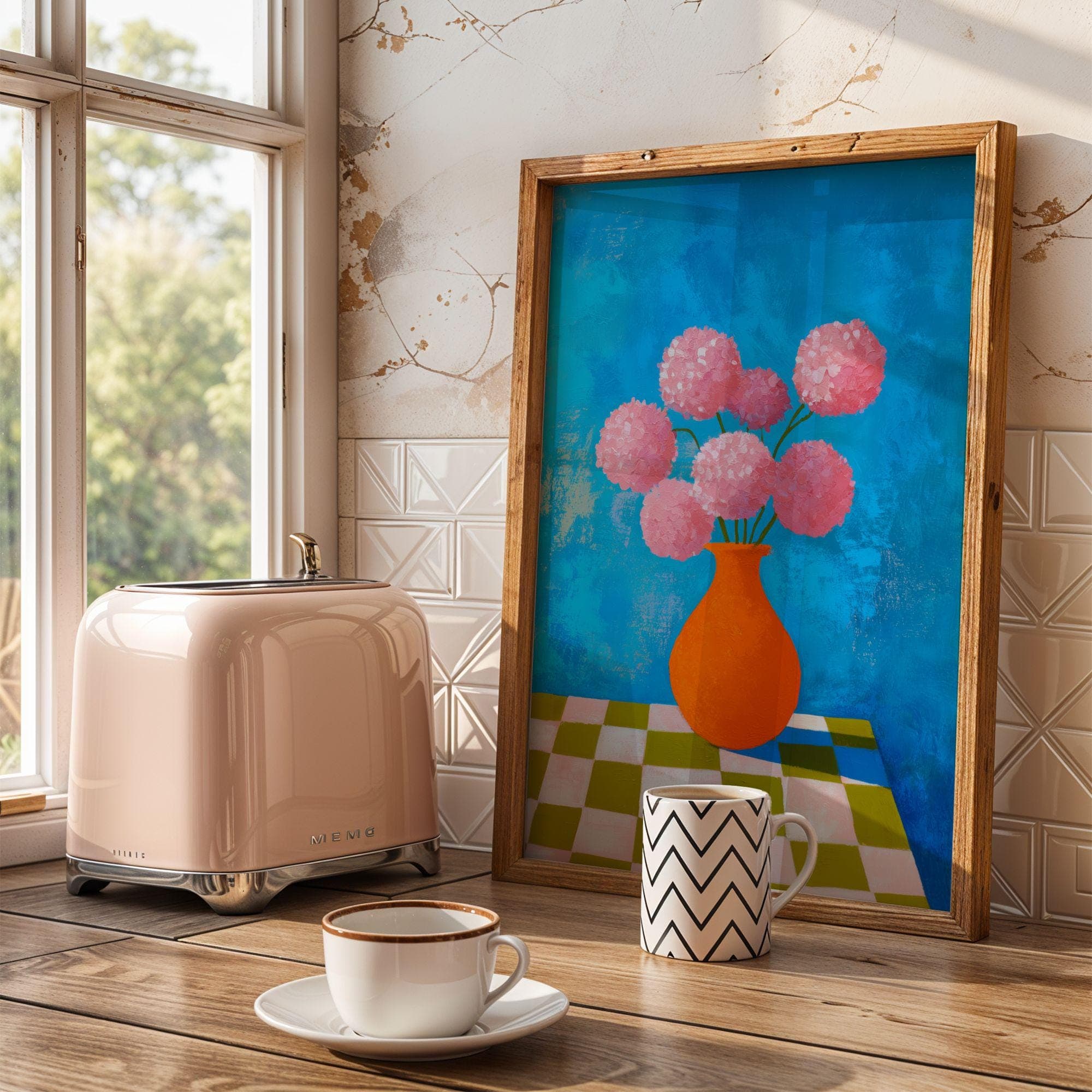 Modern Pink Flower Art Print – Bold Orange Vase Wall Decor – Colorful Floral Painting, Abstract Floral Art Print, Colorful Botanical Art - view 2