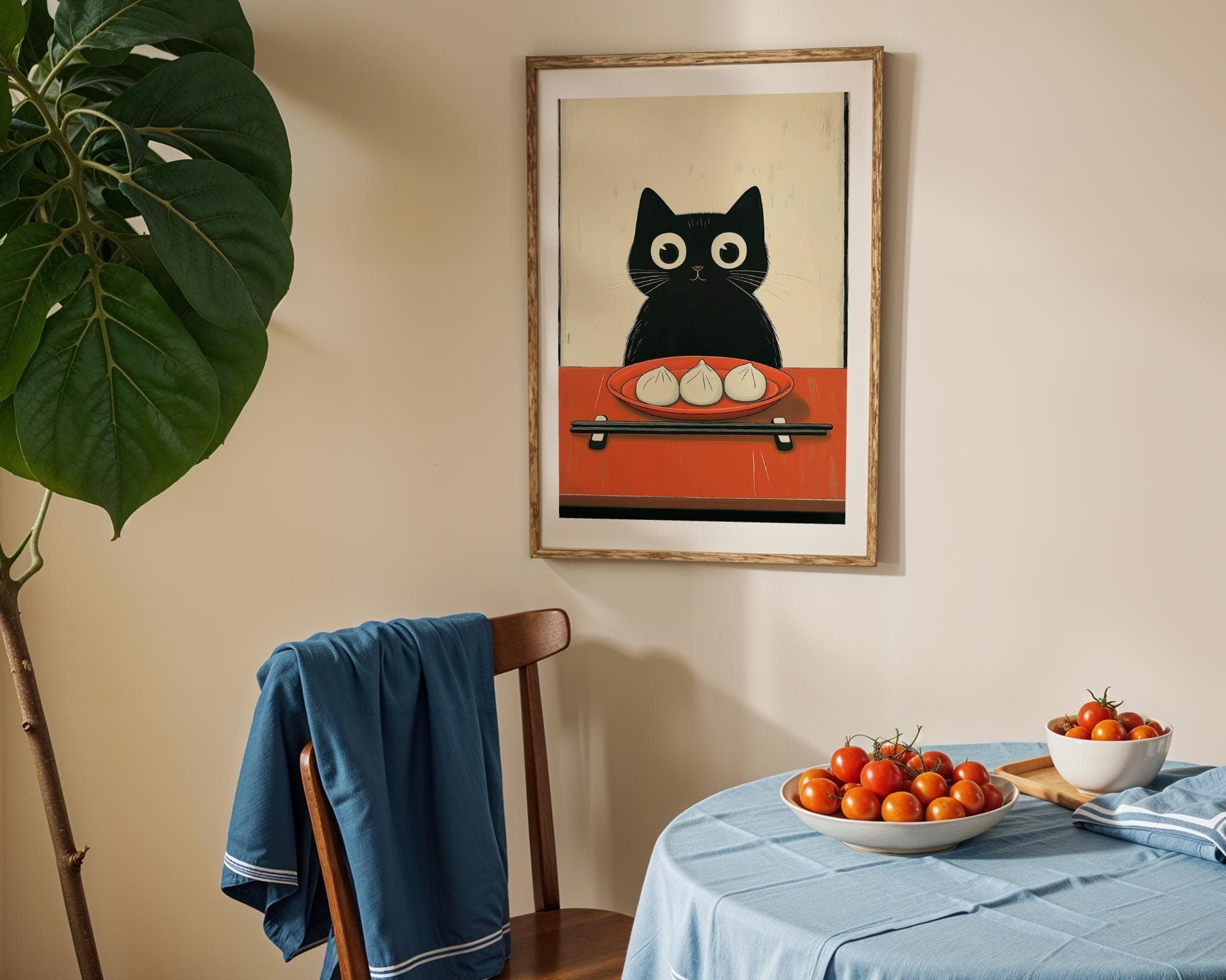 Japan Cat Illustration Print, Cute Kitchen Decor, Cat Poster, Wall Art, Printable, Minimalist Art Print, Cute Food Wall Art, Dumpling Art - view 7
