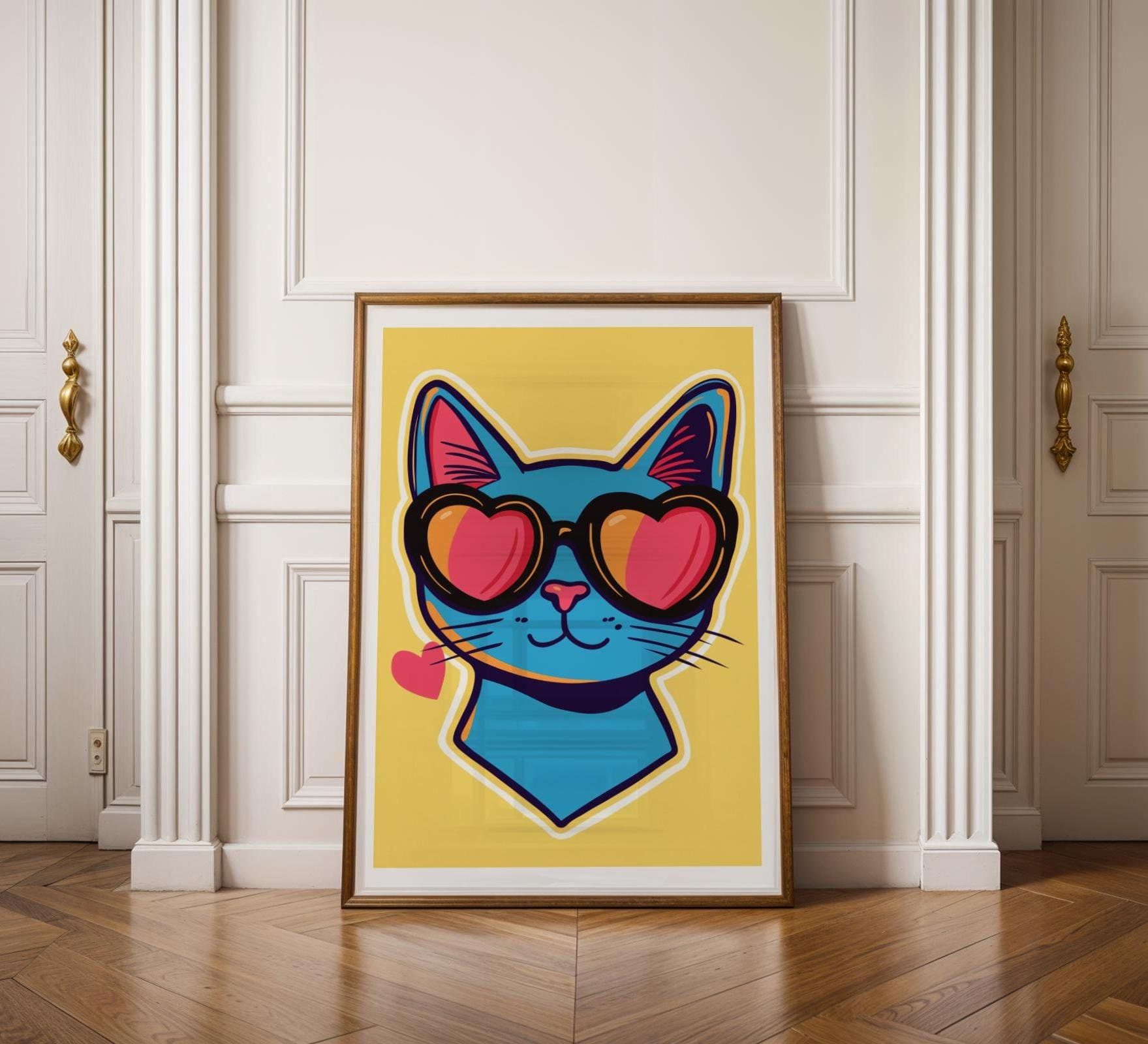 Retro Cat Wall Art, Blue Cat Pop Art, Quirky Cat Poster, Retro Aesthetic Wall Decor, Funky Retro Cat Poster, Digital Download, Quirky Art