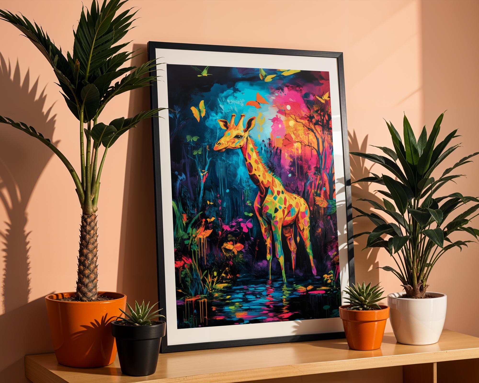 Colorful Giraffe Wall Art, Giraffe Wall Decor, Digital Animal Wall Art, Neon Giraffe in Jungle Poster, Colorful Animal Wall Art, Giraffe Art - view 4