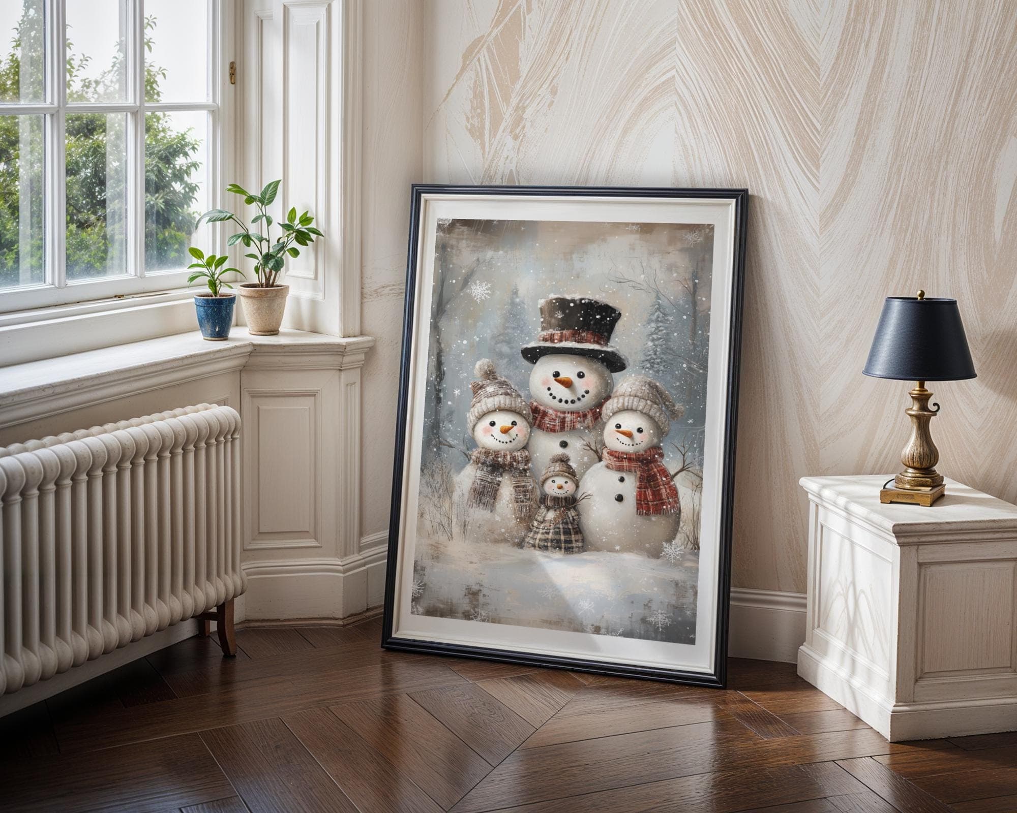 Vintage Snowman Family Painting | Printable Wall Art | Nursery Holiday Wall Decor | Antique Christmas Wall Art, Christmas Kids Room Wall Art - view 3