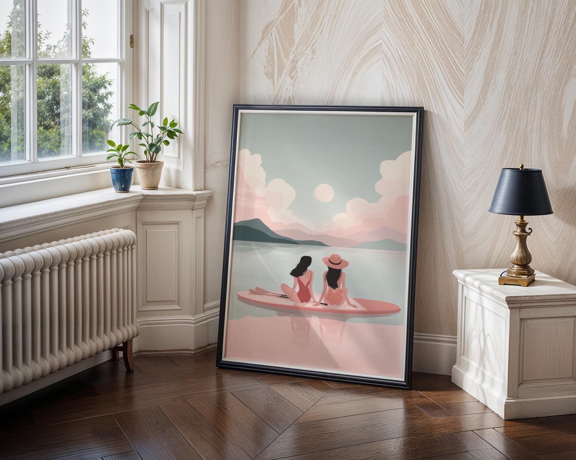 Sunset Paddle Board Wall Art – Pastel Coastal Print for Beach Decor, Minimalist Beach Print with Two Women, Soft Pink Ocean Paddleboard Art - view 6