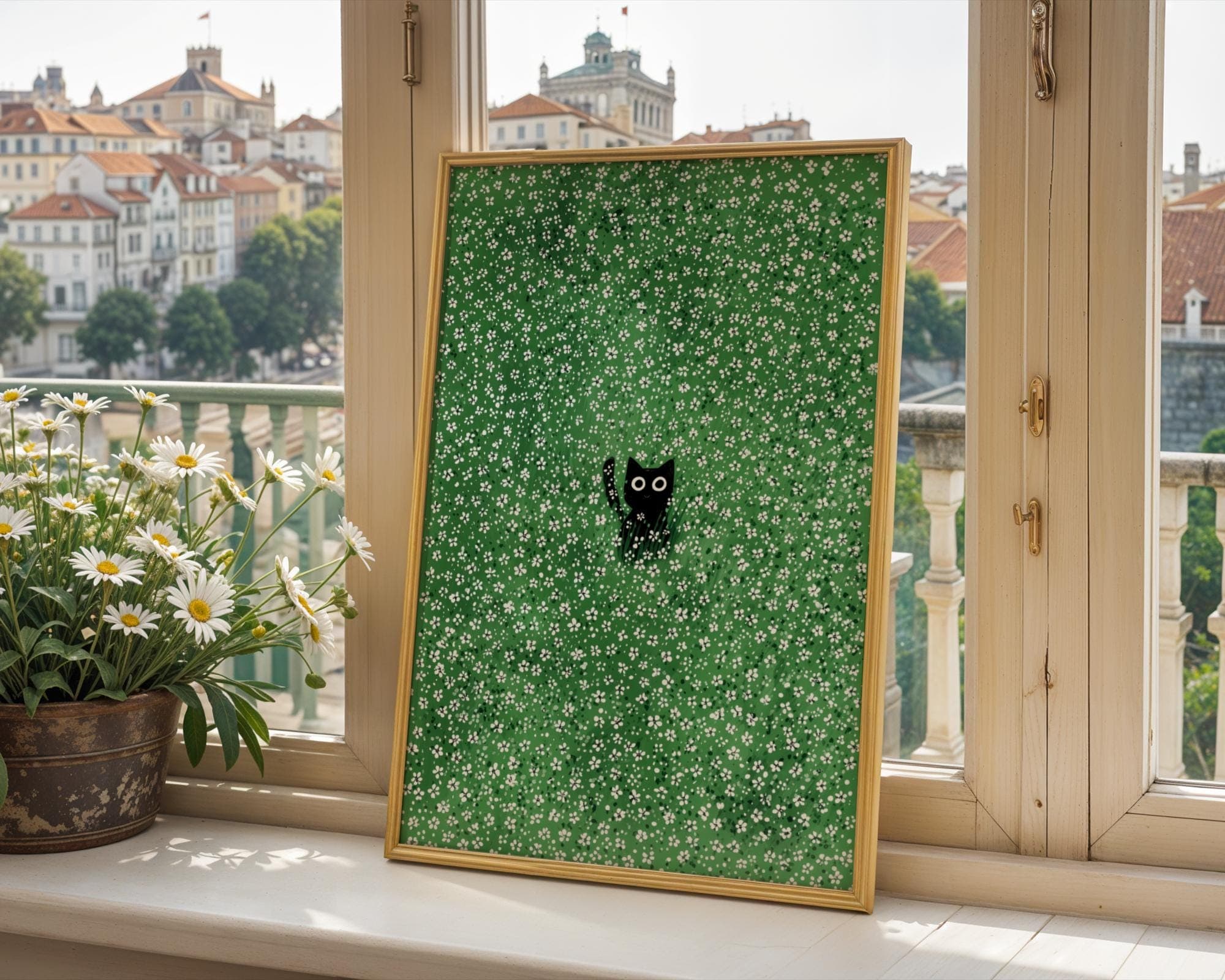 Cat in Meadow Art Print, Green Floral Background Animal Lover, Black Cat Wall Art – Minimalist Floral Print, Quirky Cat Decor, Black Cat Art - view 2