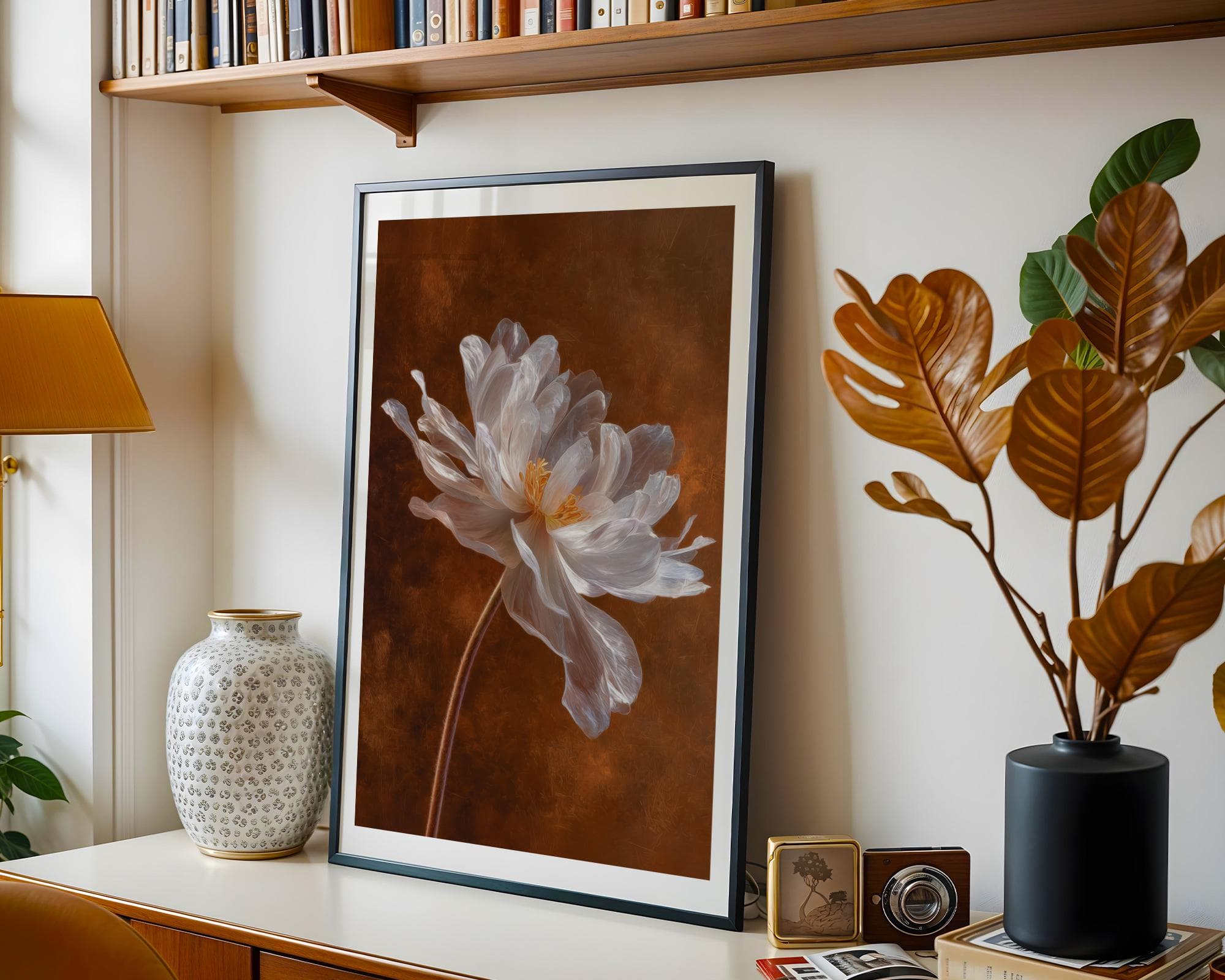 White Peony Flower Wall Art Botanical Painting Print on Burnt Orange Background, White Peony Wall Art, Peony Bloom Art, Botanical Art Print - view 3