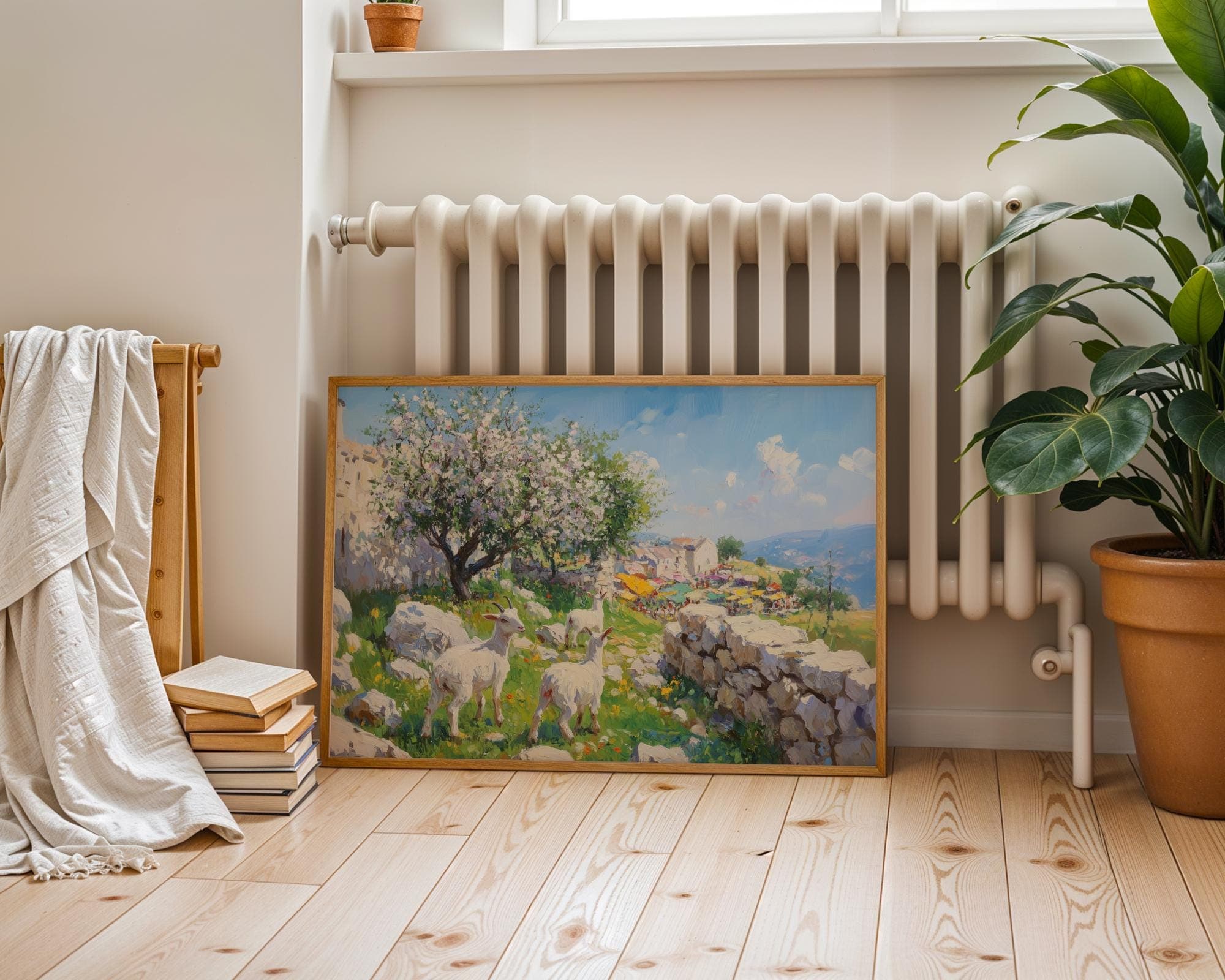 Spring Goat Pasture Wall Art Print, Mediterranean Village Market Landscape Painting, Blooming Tree Countryside Decor, Blooming Orchard Print - view 4