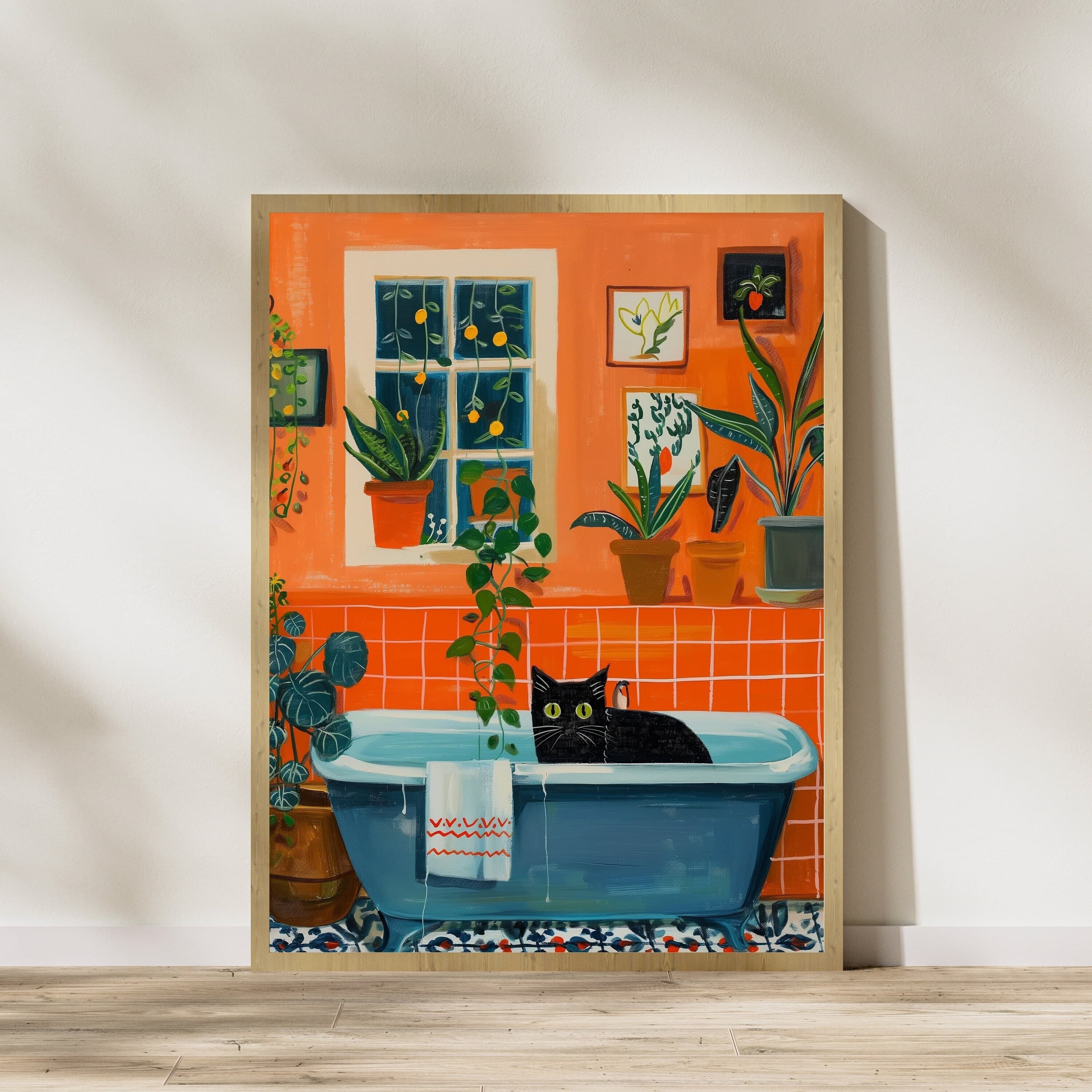 Bath Cat Print Funny, Orange Painting Poster, Animal Wall Art, Digital Wall Art, Bathtube Wall Art, Cat in Bathroom Art, Maximalist Cat Art