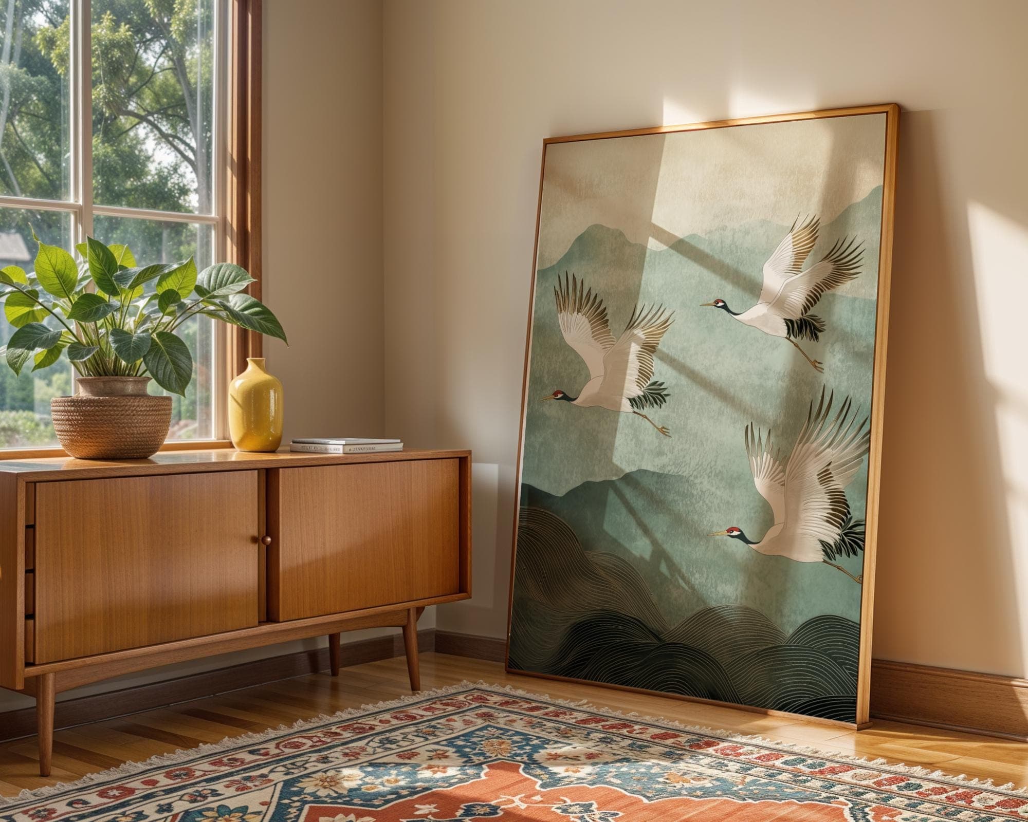 Japandi Wall Art, Japanese Crane Print, Zen Wall Art, Minimalist Bird Poster, Traditional Japanese Art, Wabi Sabi Wall Art, Soft Green Art - view 2
