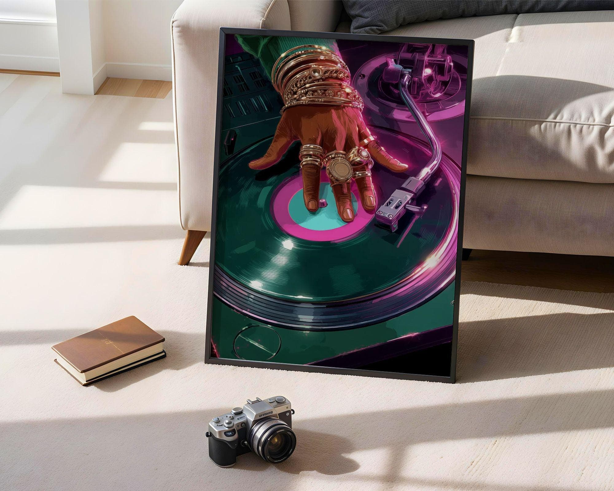 Retro Turntable Art – Pink and Green Vinyl Wall Print, Modern Retro Wall Print – Neon Turntable DJ Poster, Contemporary Vinyl Art - view 6