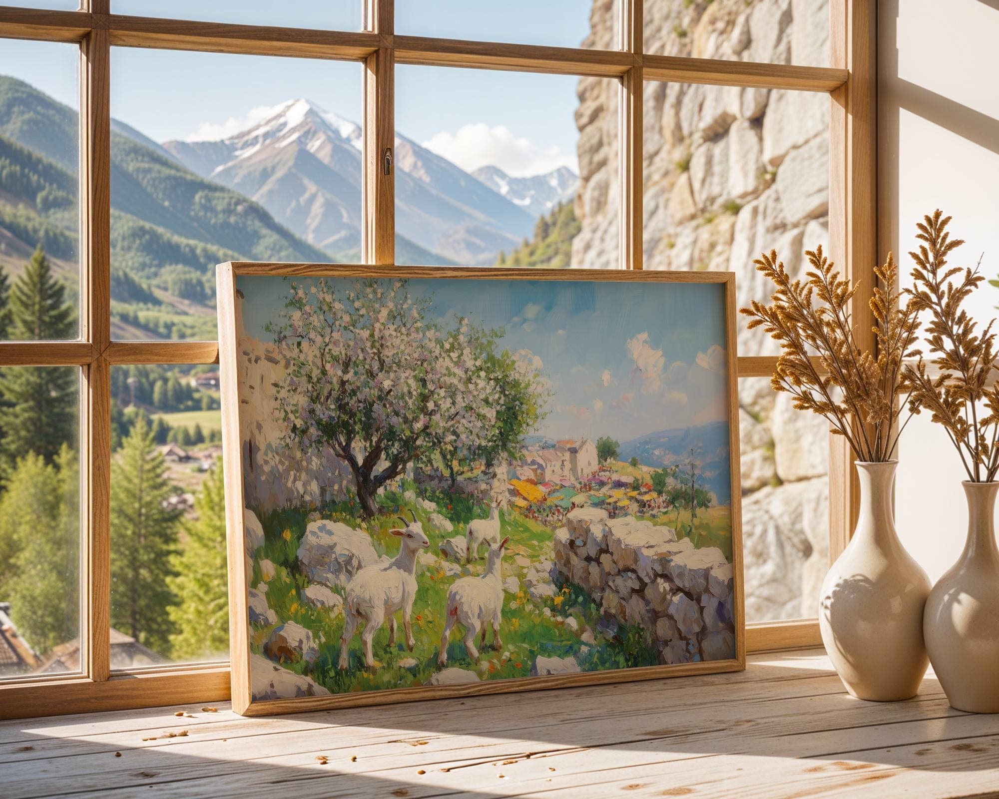 Spring Goat Pasture Wall Art Print, Mediterranean Village Market Landscape Painting, Blooming Tree Countryside Decor, Blooming Orchard Print - view 2