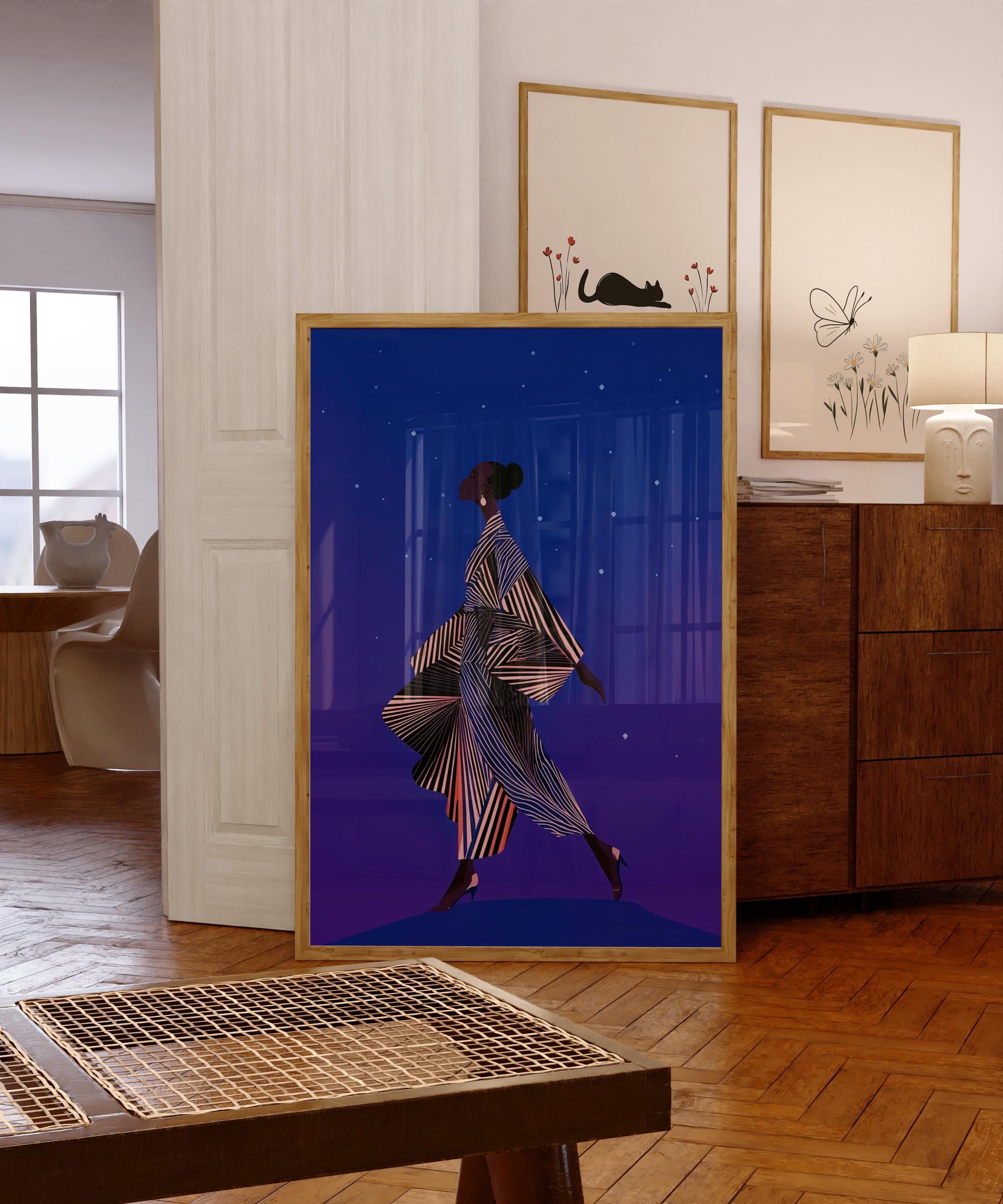 Modern African Woman Wall Art, Contemporary Minimalist Woman Art, Starry Night Fashion Wall Art, Minimalist Silhouette Wall Decor, Ethnic