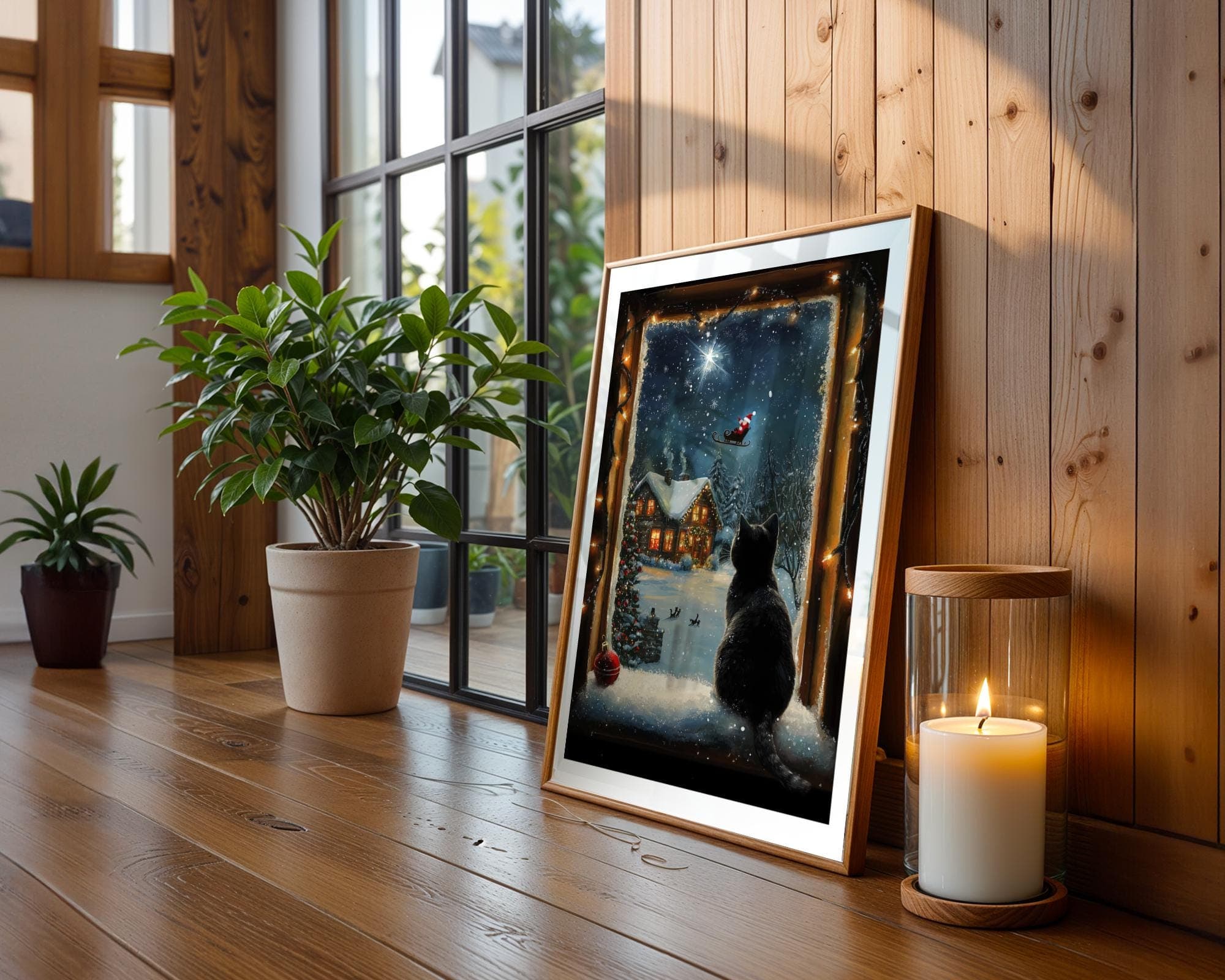 Black Cat Christmas Art Print: Santa, Snowy Cabin (Digital Download) - view 7