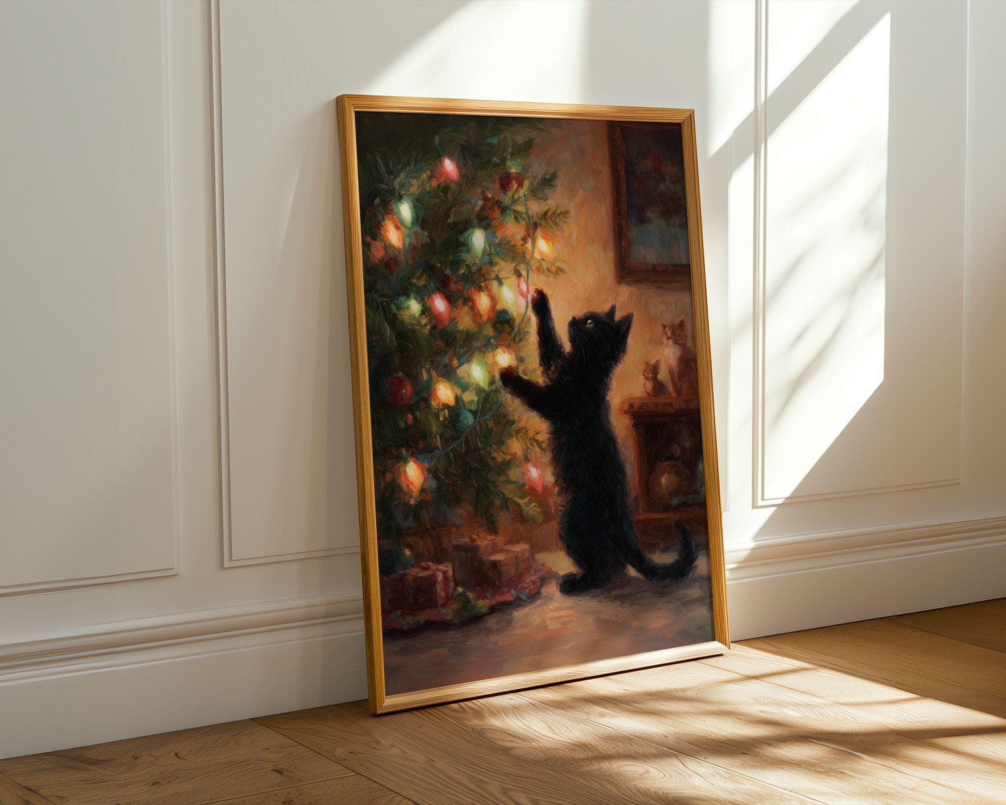 Black Cat Christmas Art Print, Christmas Cat Wall Art, Festive Black Cat Christmas Poster, Festive Oil Painting Print, Digital Download - view 3