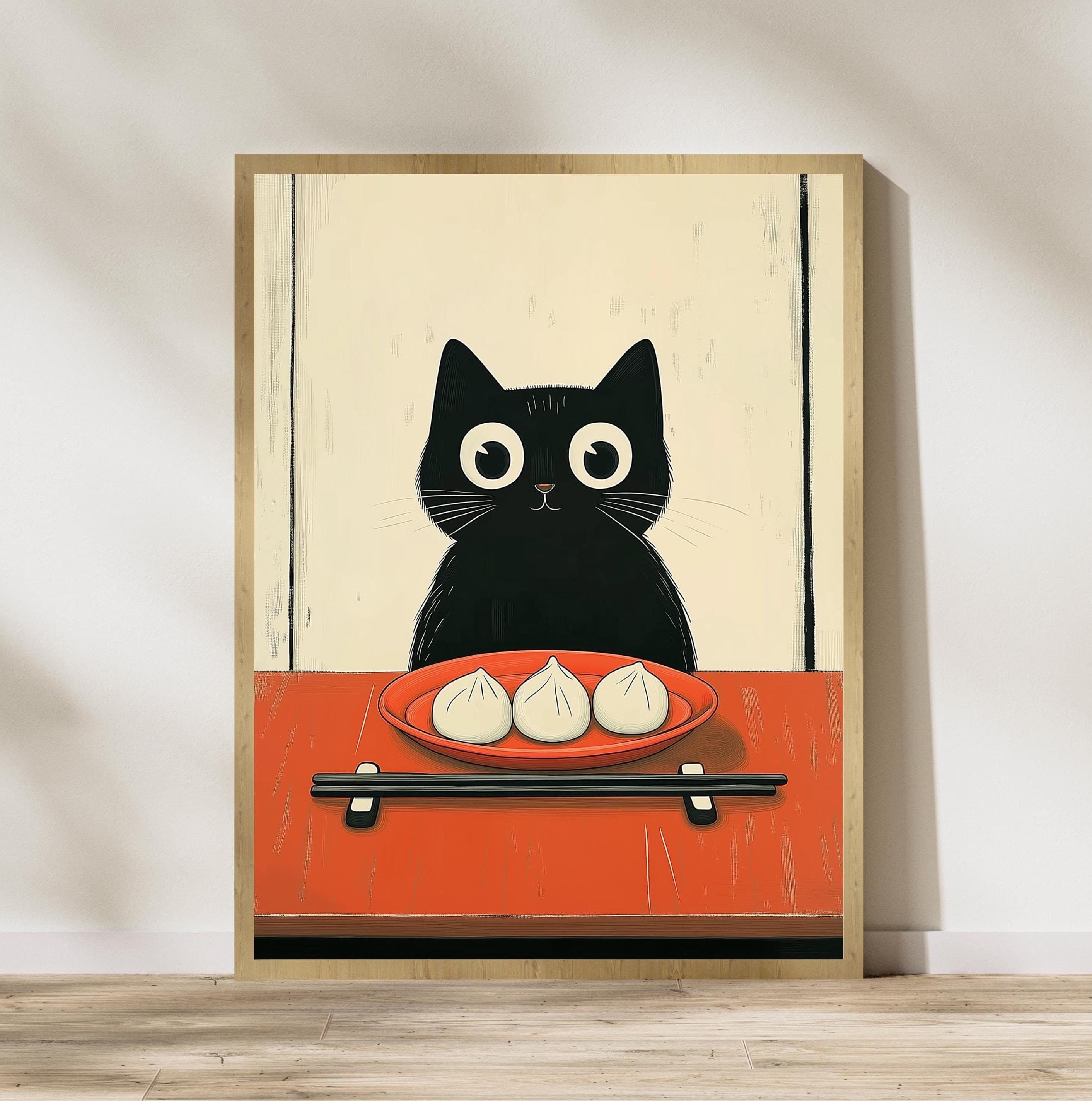 Japan Cat Illustration Print, Cute Kitchen Decor, Cat Poster, Wall Art, Printable, Minimalist Art Print, Cute Food Wall Art, Dumpling Art