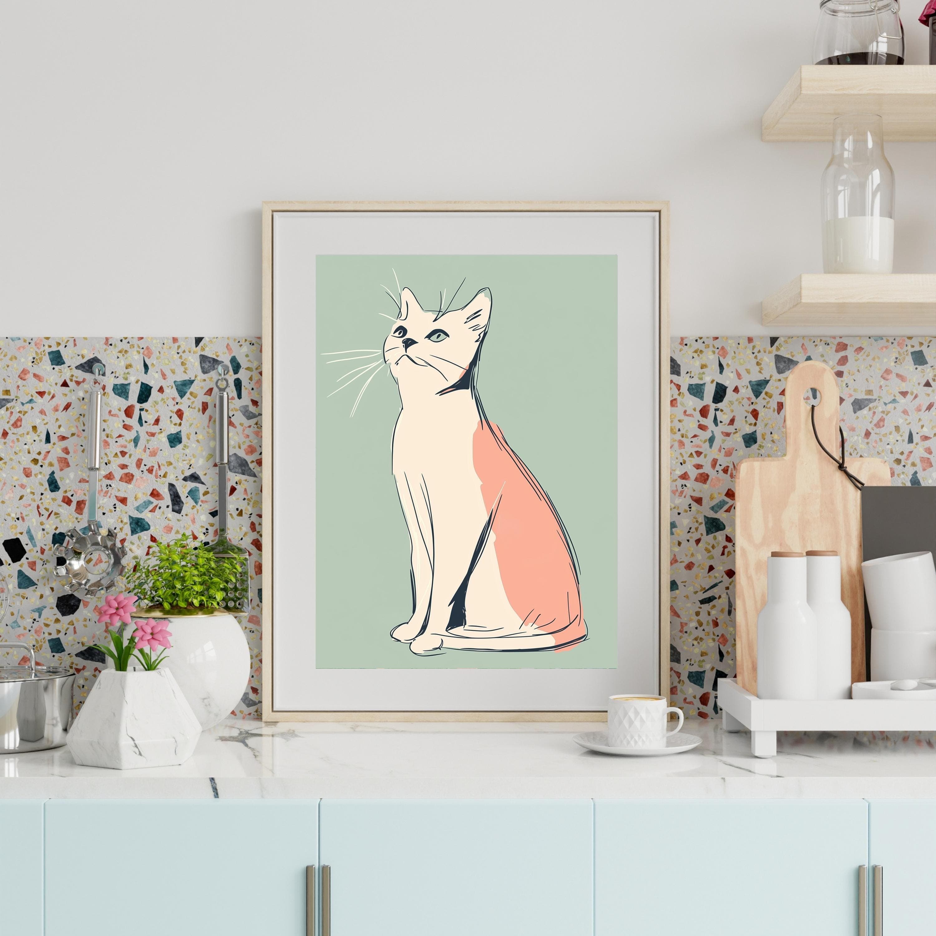 Minimalist Cat Art, Modern Cat Wall Art, Pastel Colored Cat Illustration, Chic Cat Poster, Modern Cat Line Drawing, Peach and Mint Green Art - view 2