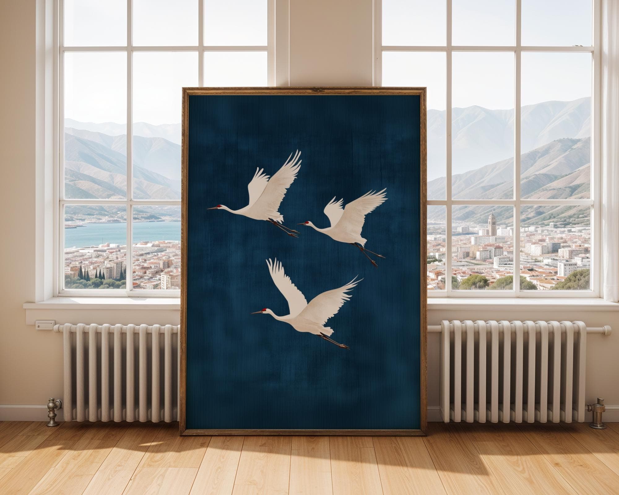 Flying Cranes on Deep Blue Background, Japandi Digital Download, Japandi Decor, Boho Bird Art, Japanese Crane Wall Art, Wabi Sabi Wall Art - view 3