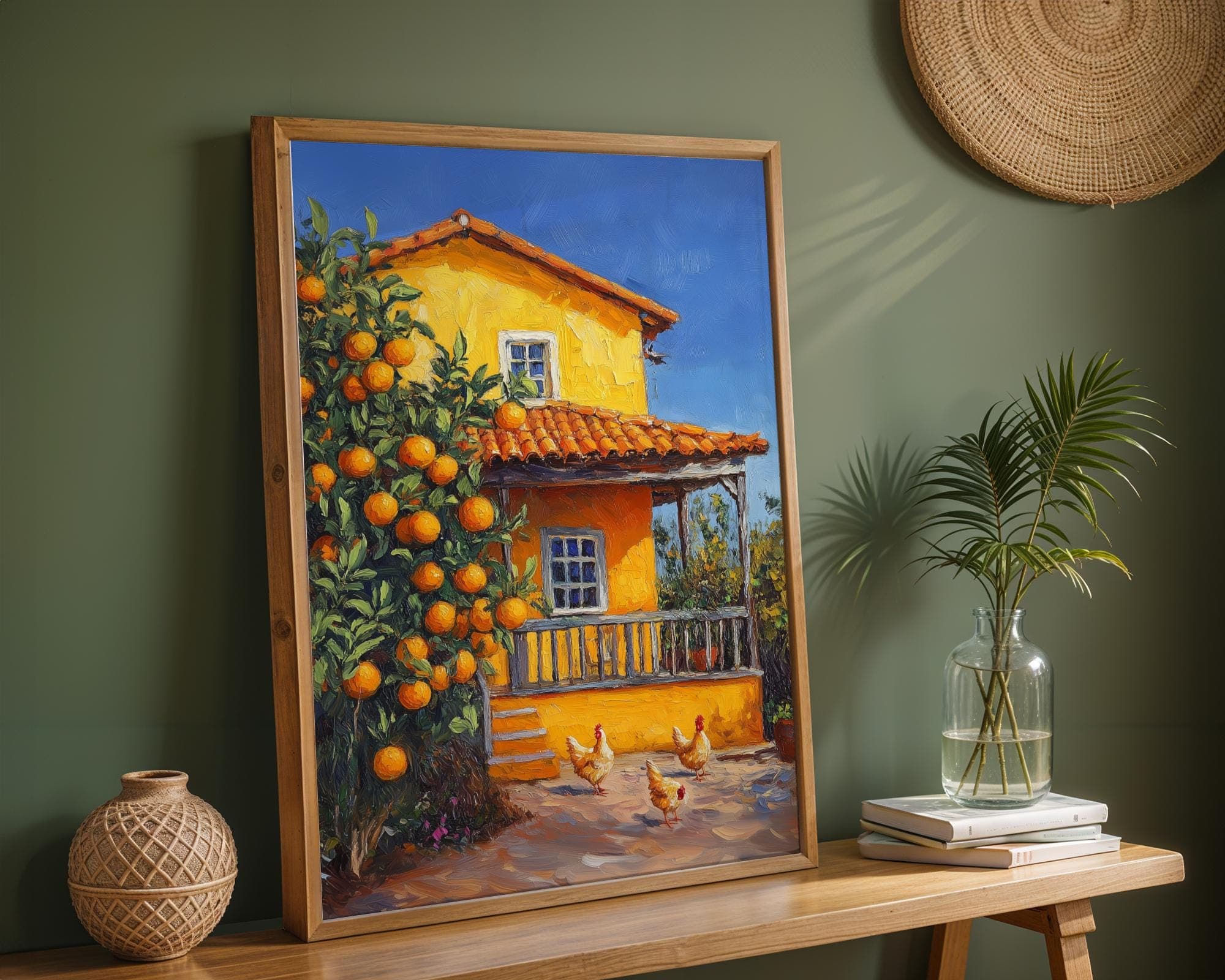 Orange Tree Farmhouse Wall Art, Colorful Country House Print, Farm Kitchen Wall Art, Vintage Farm Wall Decor, Orange Tree and Roosters Art - view 4