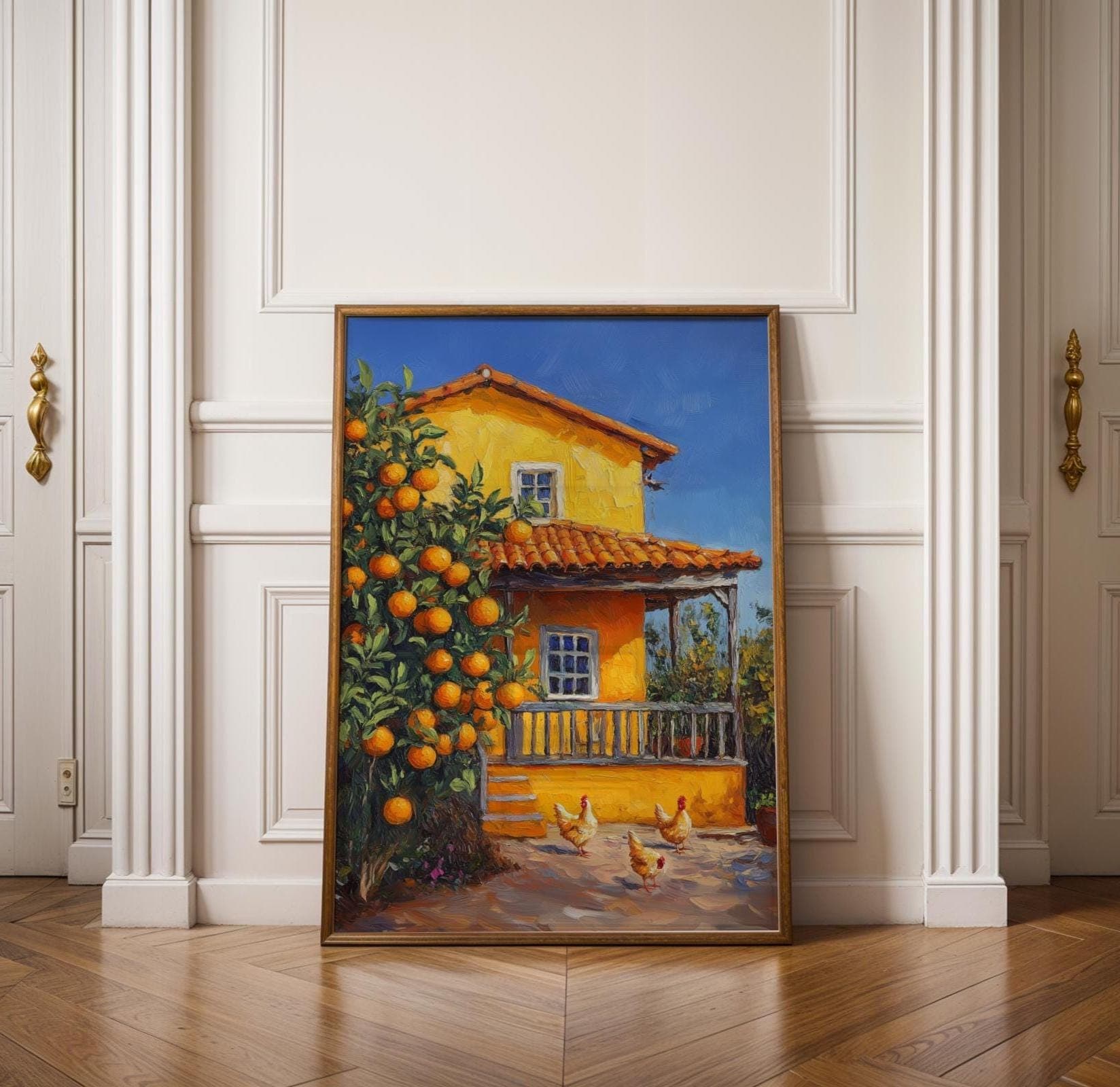 Orange Tree Farmhouse Wall Art, Colorful Country House Print, Farm Kitchen Wall Art, Vintage Farm Wall Decor, Orange Tree and Roosters Art