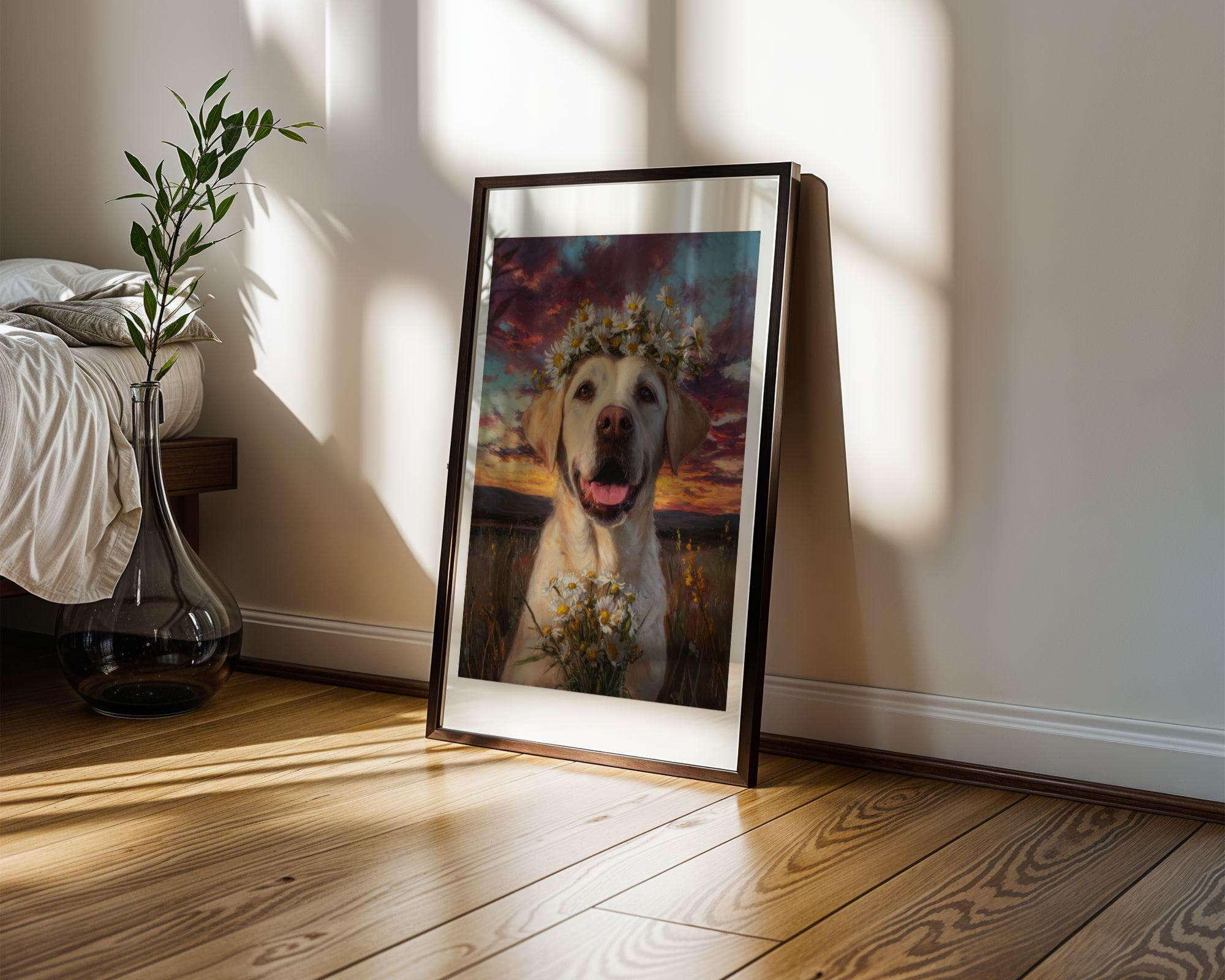 Labrador Wall Art Daisy Crown Dog Painting, Labrador Dog Wall Art Print, Floral Dog Painting, Yellow Lab Portrait, Sunset Field Art - view 5