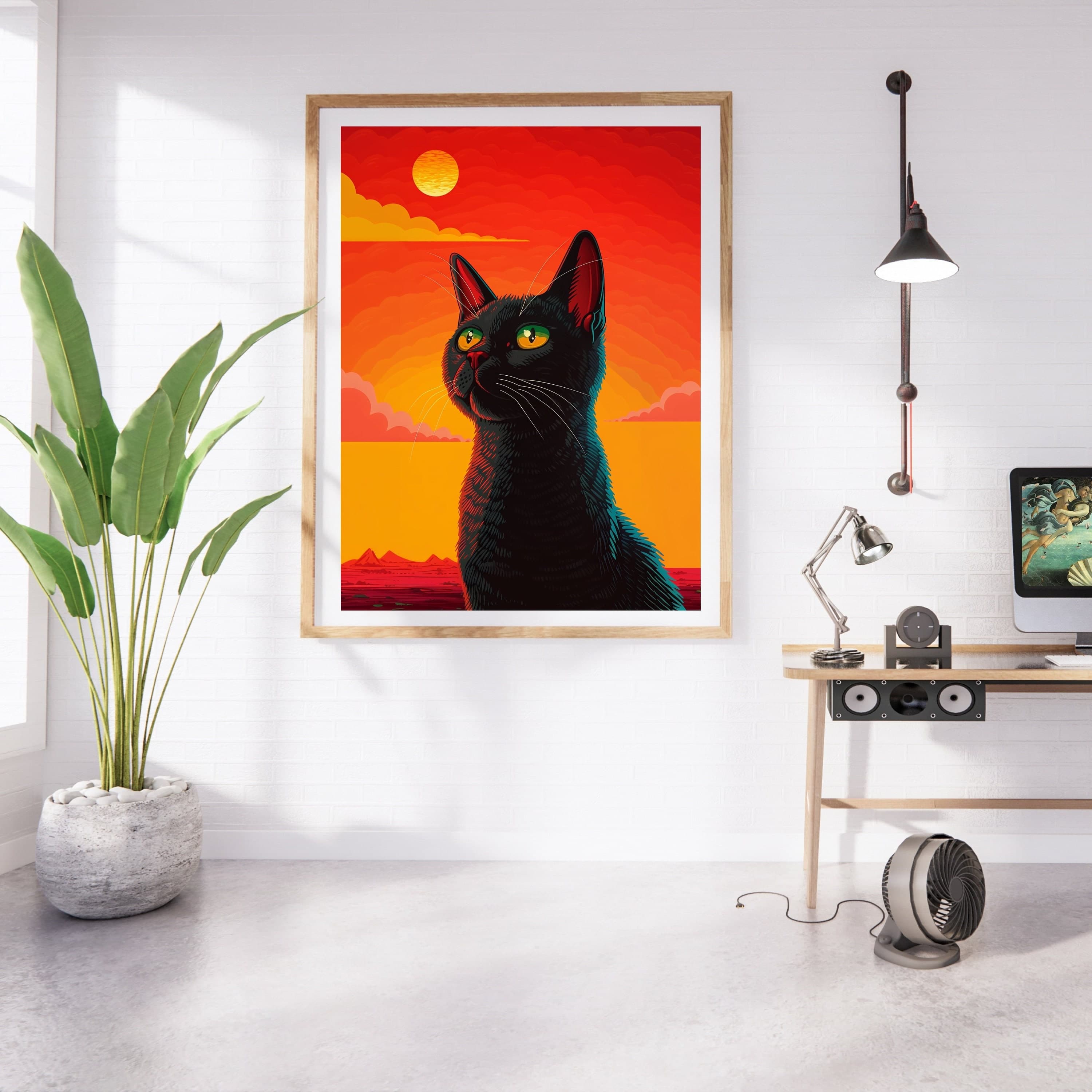 Black Cat Painting with Sunset, Black Cat Poster, Dopamine Decor, Cat Art Print,Cat mom gift, Black Cat Drawing Print, International Cat Day - view 5