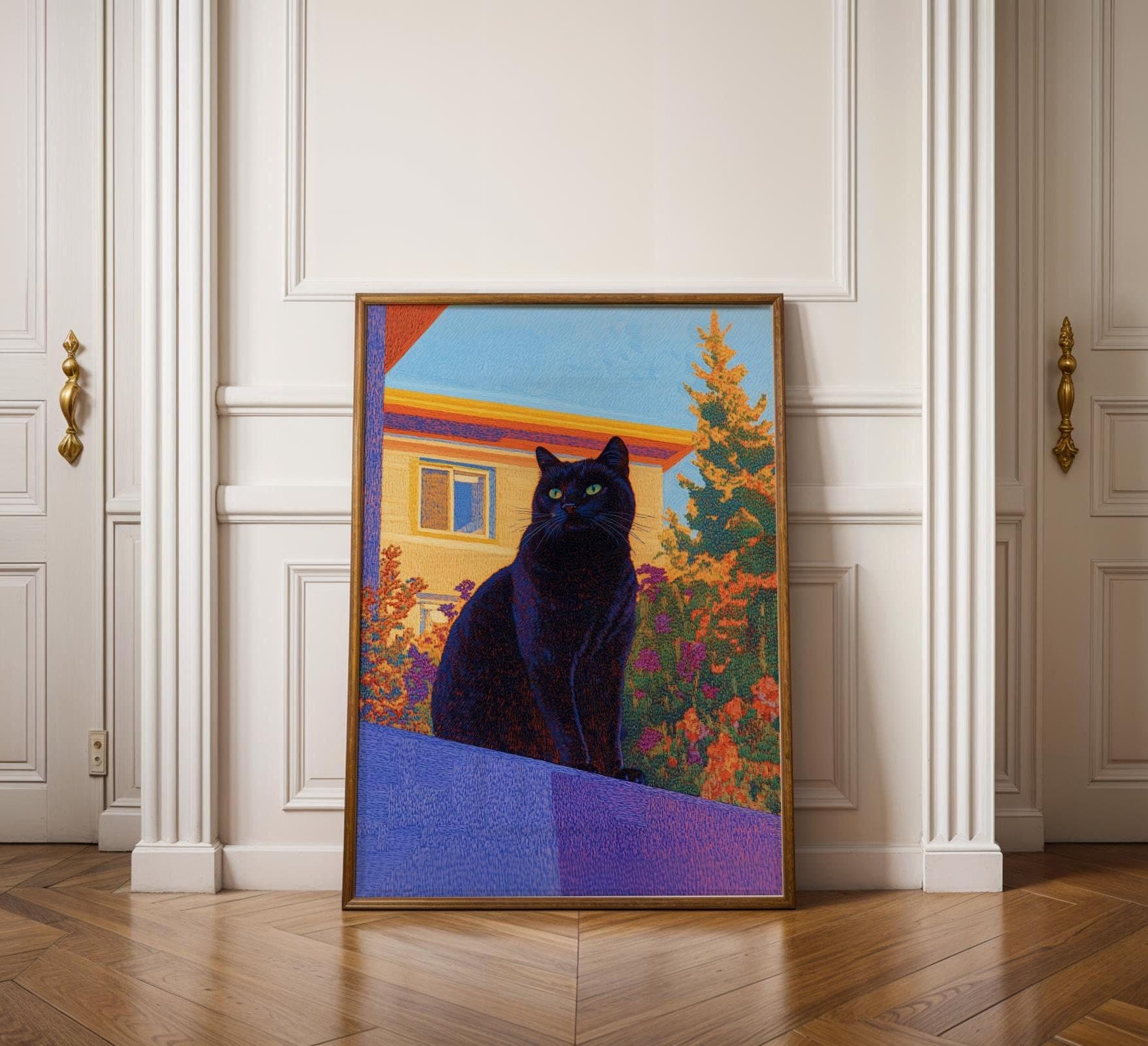 Retro Black Cat on Balcony Art, Unique Wall Art, Retro Wall Poster, Retro-Style Black Cat Painting, Quirky Cat Poster, Printable Black Cat