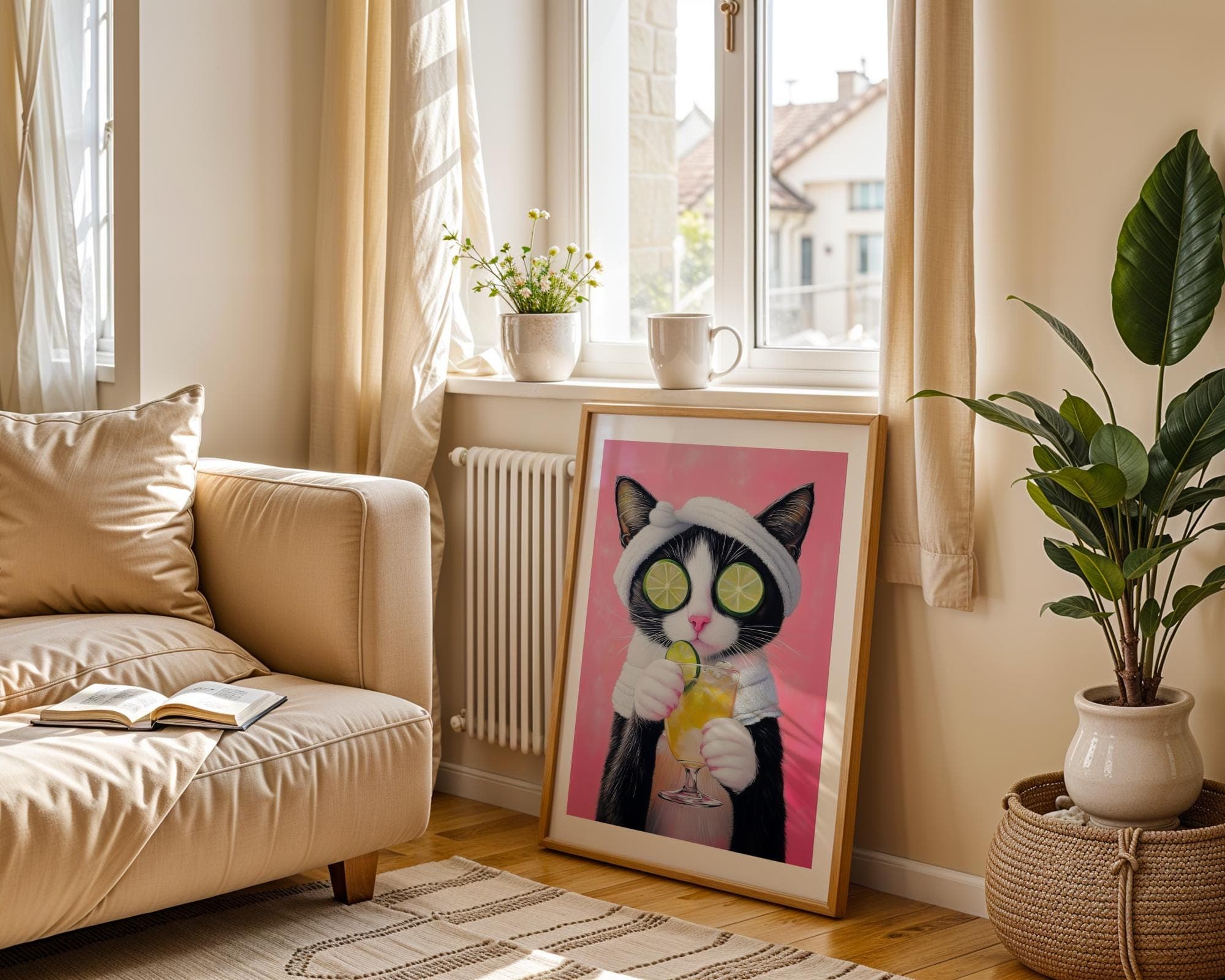 Quirky Cat Art, Lime and Pink Cat Art, Chic Black Cat Art, Spa Cat Wall Art, Relaxing Cat Portrait, Dopamine Wall Decor, Maximalist Cat Art - view 5