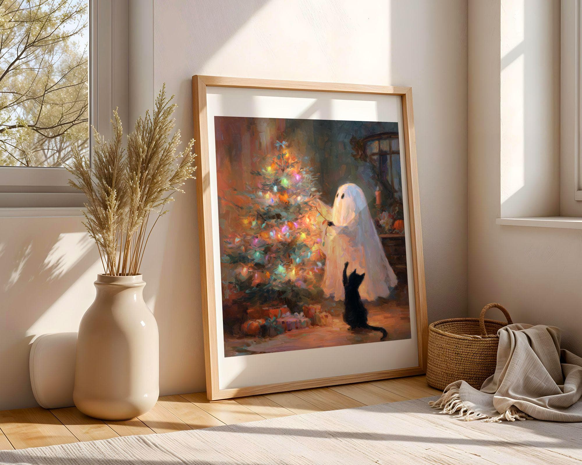 Ghost and Black Cat Christmas, Whimsical Black Cat Art, Funny Black Cat Poster, Whimsical Ghost Christmas Art, Vintage Ghost Christmas - view 4