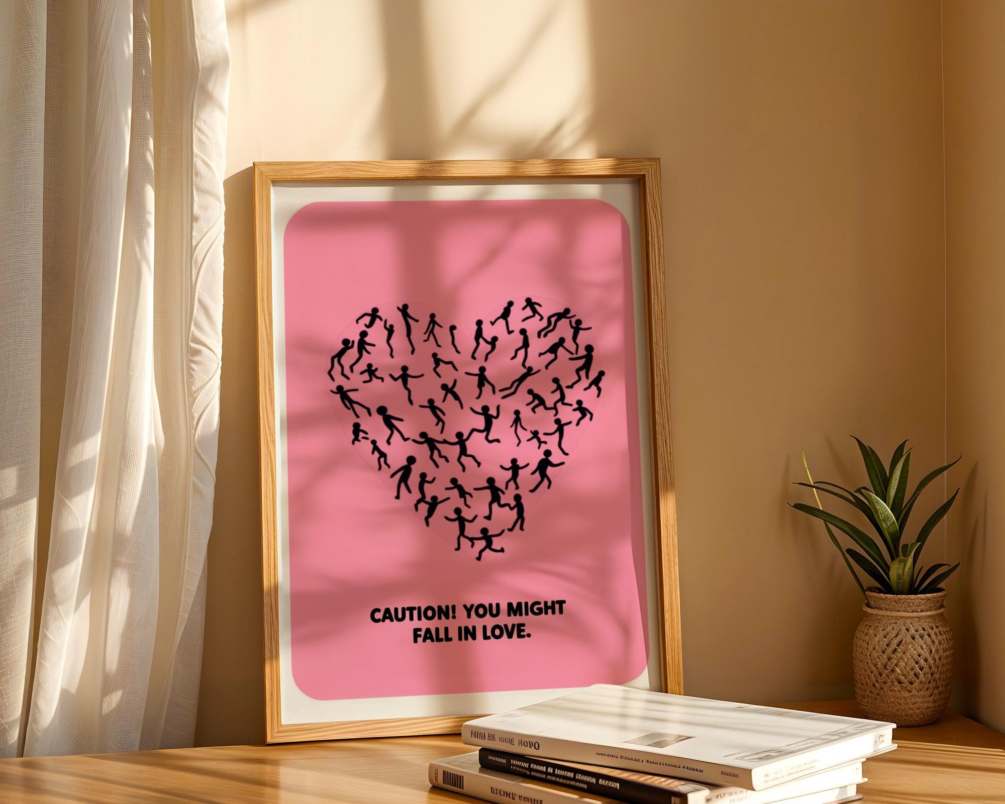 Caution Love Wall Decor - Cute Minimalist Pink Poster, Valentine's Day Wall Art, Abstract Pink Heart Art - Romantic Wall Art for Couples - view 6