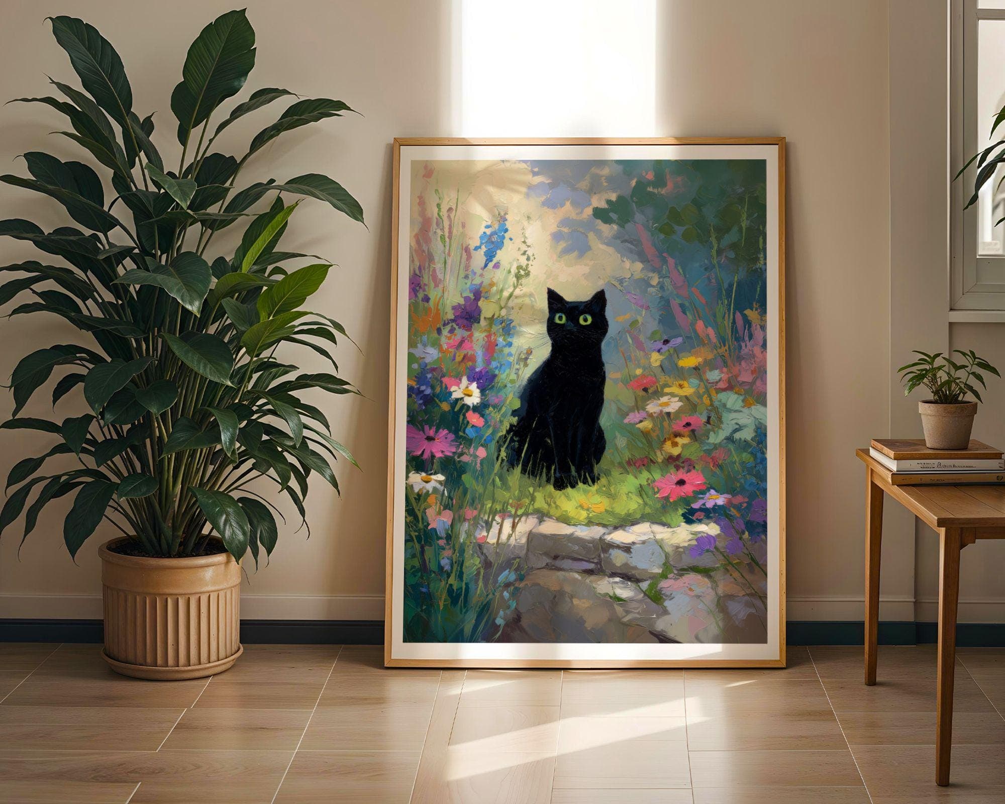 Black Cat in Wildflower Garden Wall Art, Whimsical Black Cat Poster, OilPaint Print, Colorful Floral Decor, Black Cat Aesthetic,Charming Cat - view 6