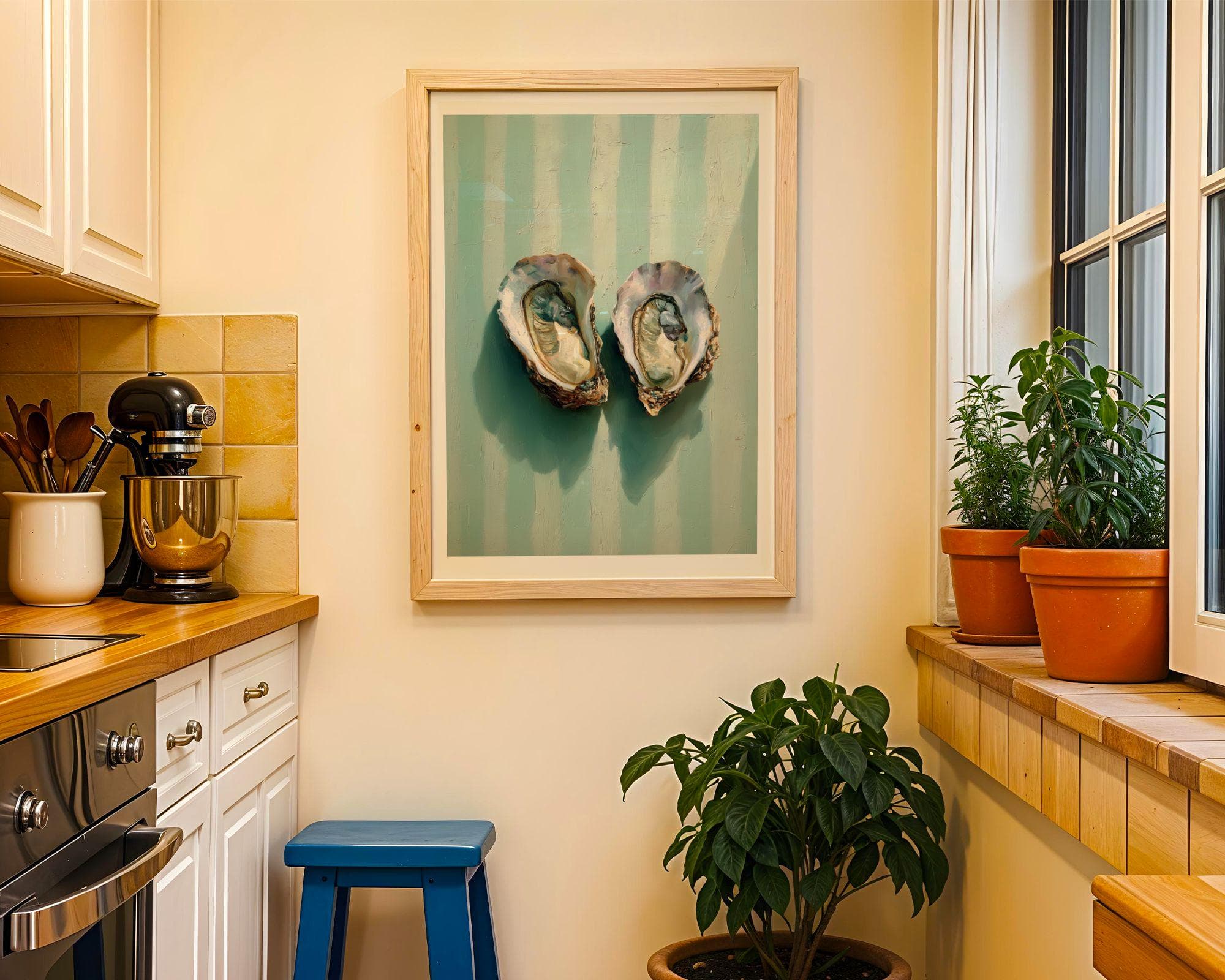 Oyster Shell Wall Art Print, Coastal Bathroom Decor, Mint Stripe Beach House Wall Art, Double Oyster Painting, Preppy Coastal Decor - view 6