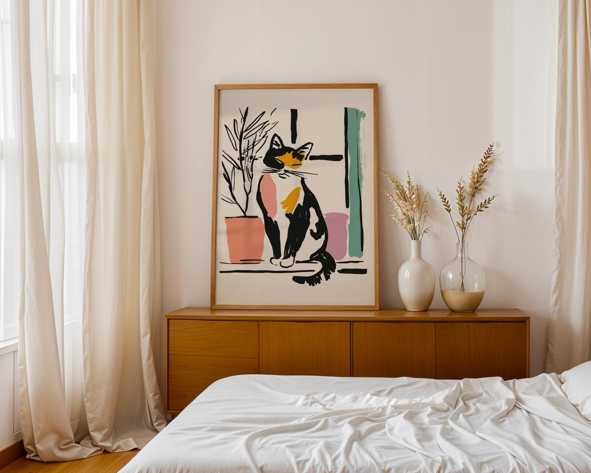 Calico Kitty in Window Art Print, Modern Calico Cat Poster, Line Art Cat Print, Colorful Cat Line Art, Minimal Boho Cat Wall Art, Cat Poster - view 3