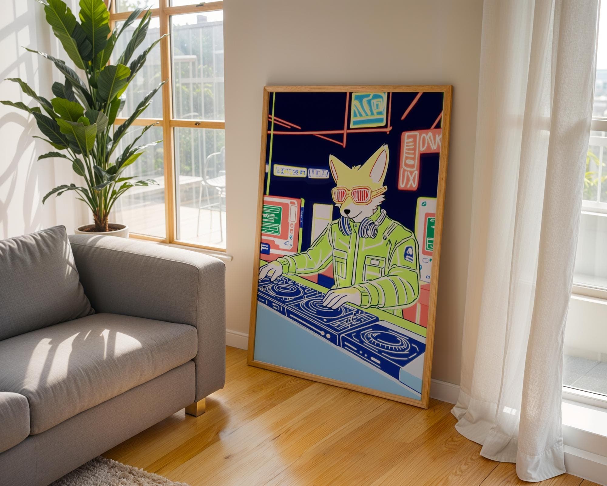 Cyberpunk DJ Fox Wall Art, Neon Furry Aesthetic Print for Gaming Rooms, Electronic Music DJ Fox, Digital Illustration for EDM Enthusiasts - view 4