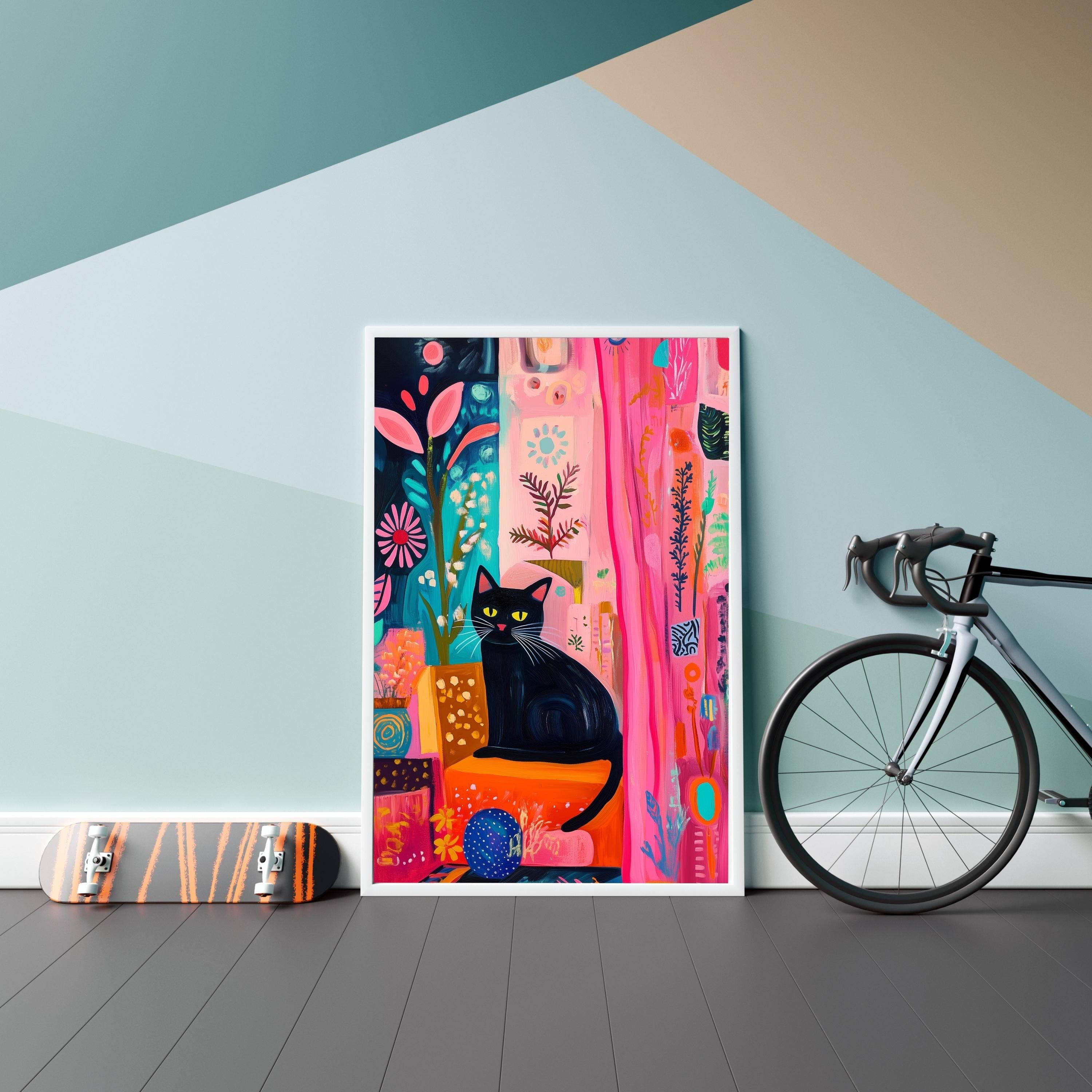 Black Cat with Bright Florals Poster,  Pink and Teal Art Print, Colorful Black Cat Art, Preppy Room Decor, Abstract Black Cat Poster - view 6