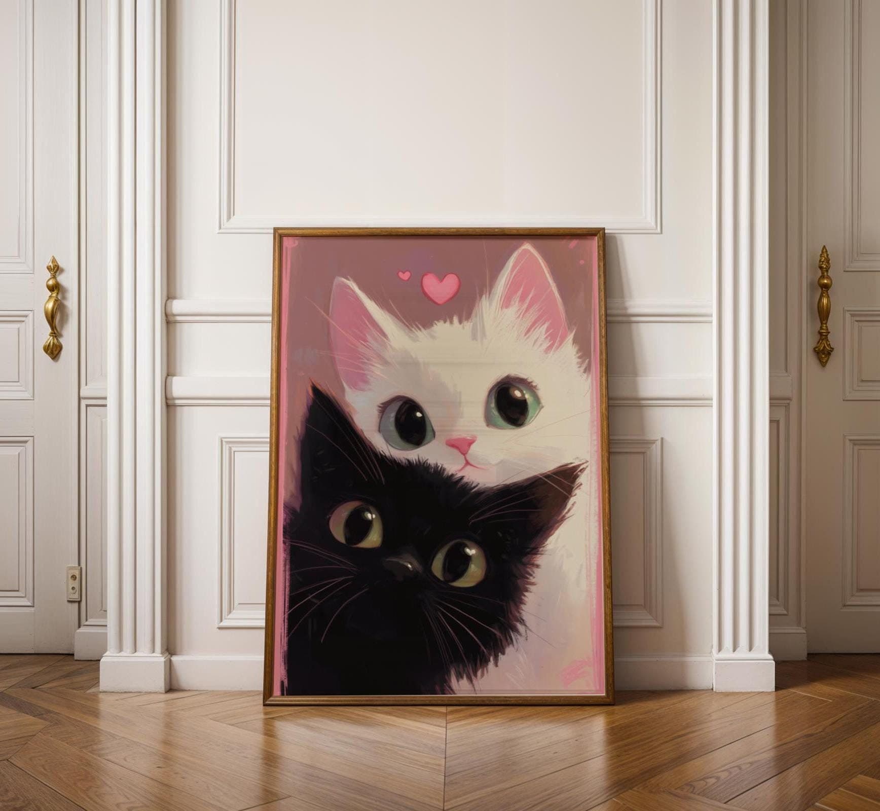 Adorable Black and White Cats Wall Art – Romantic Feline Illustration, Nursery Cat Wal Decor – Kidsroom Art, Kidsroom Cat Art, Printable Cat