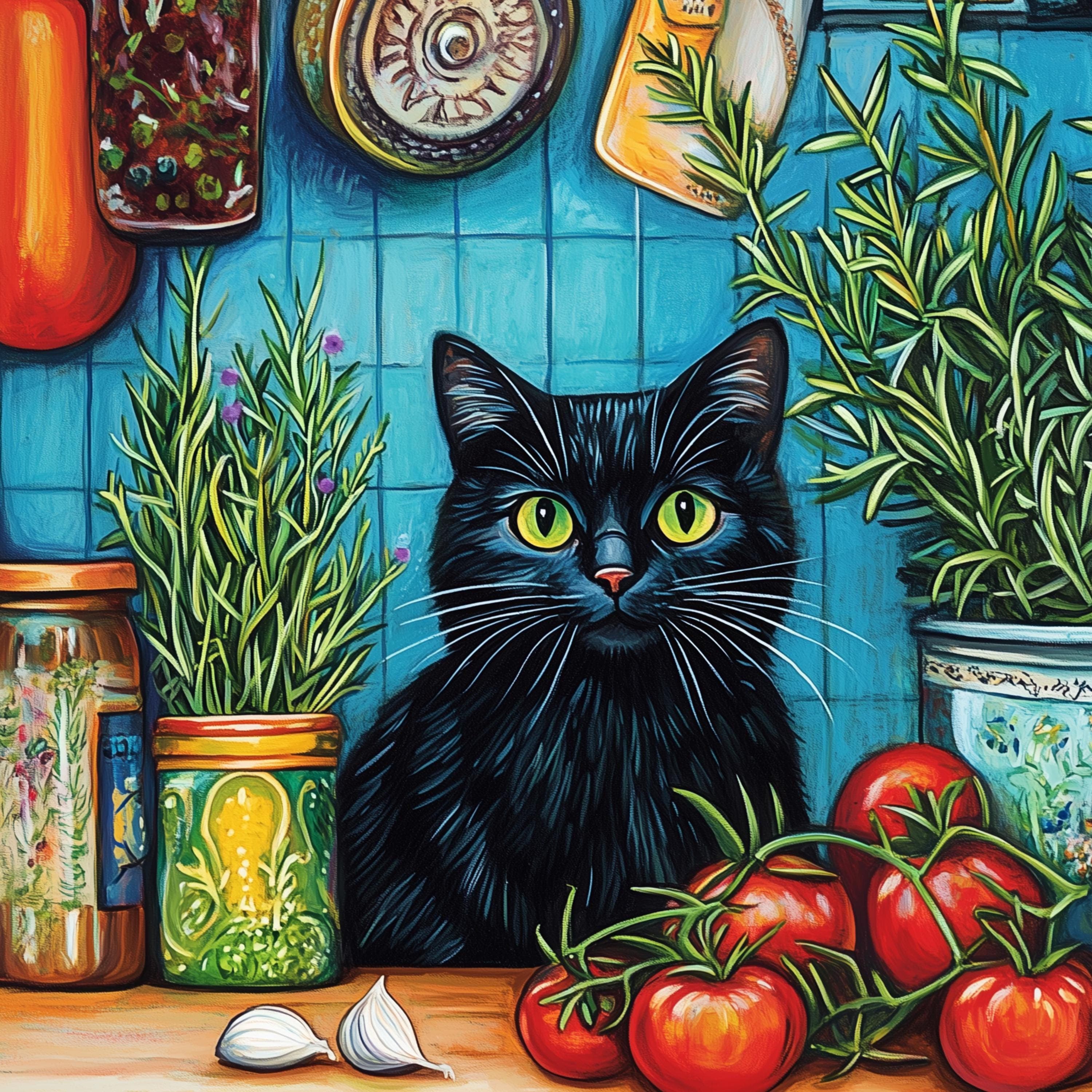 Whimsical Black Cat Kitchen Print, Vintage Farmhouse Art (Digital Download) - view 2