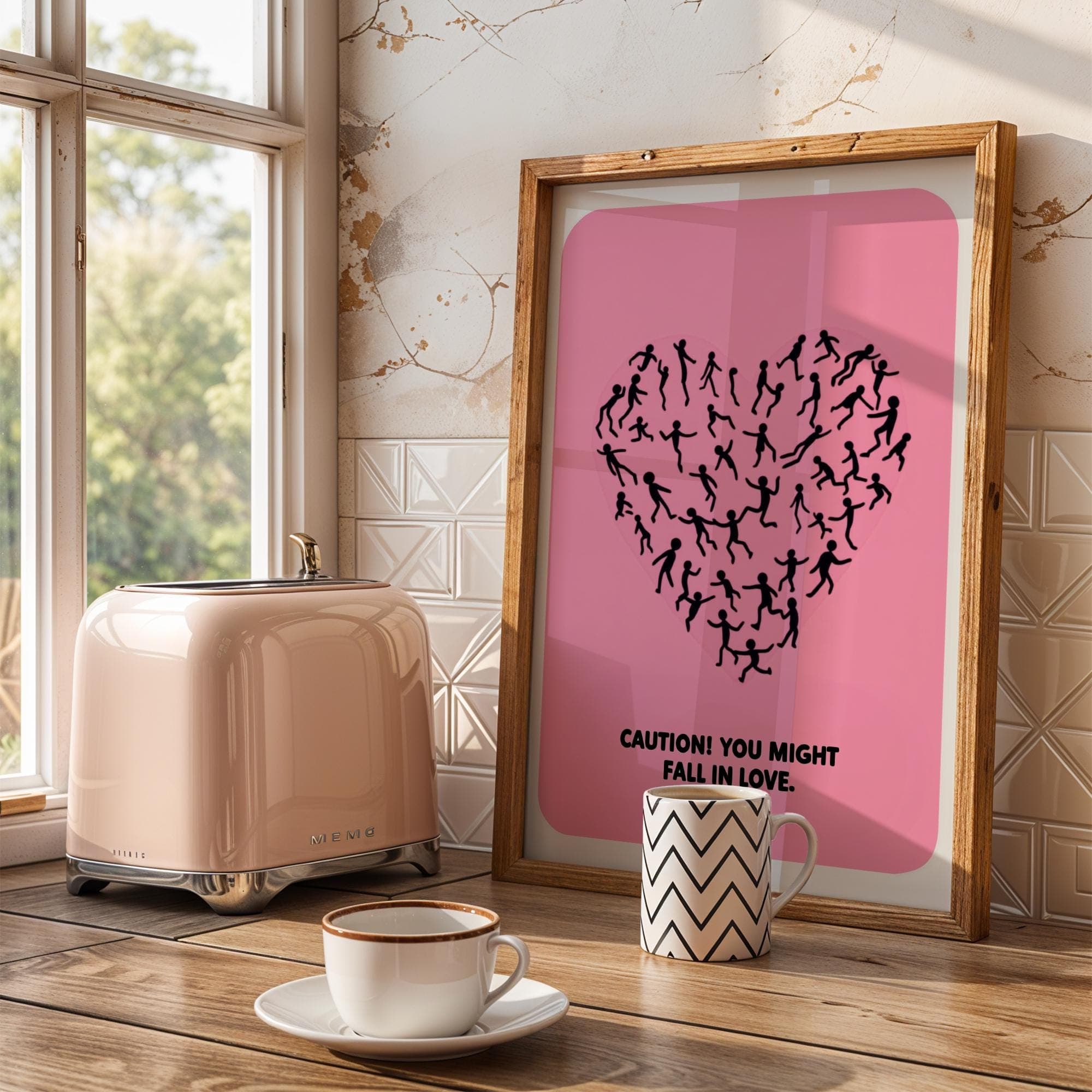 Caution Love Wall Decor - Cute Minimalist Pink Poster, Valentine's Day Wall Art, Abstract Pink Heart Art - Romantic Wall Art for Couples - view 4