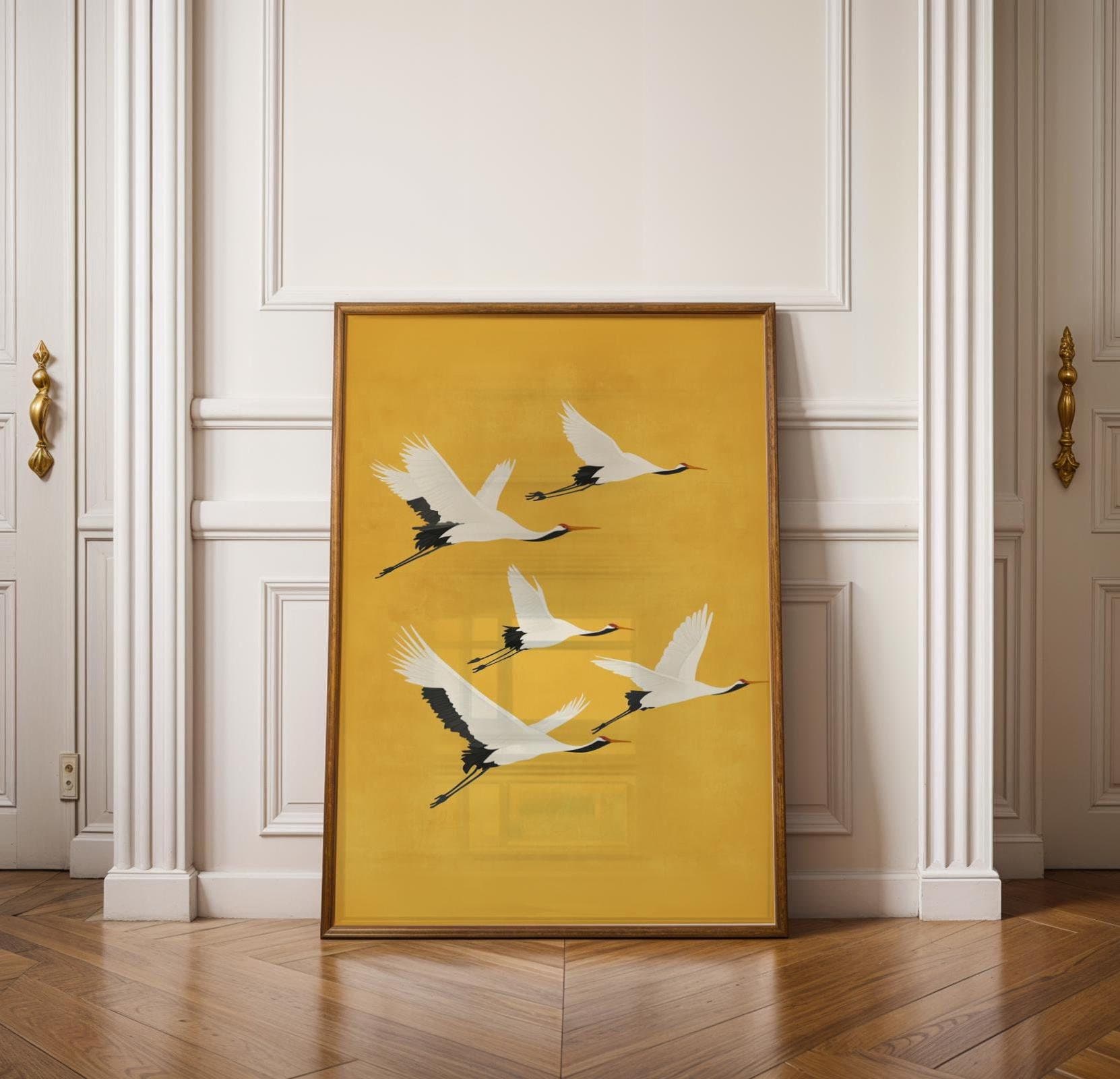 Flying Cranes on Golden Yellow, Japandi Digital Download, Japandi Decor, Boho Bird Art, Japanese Crane Wall Art, Wabi Sabi Wall Art