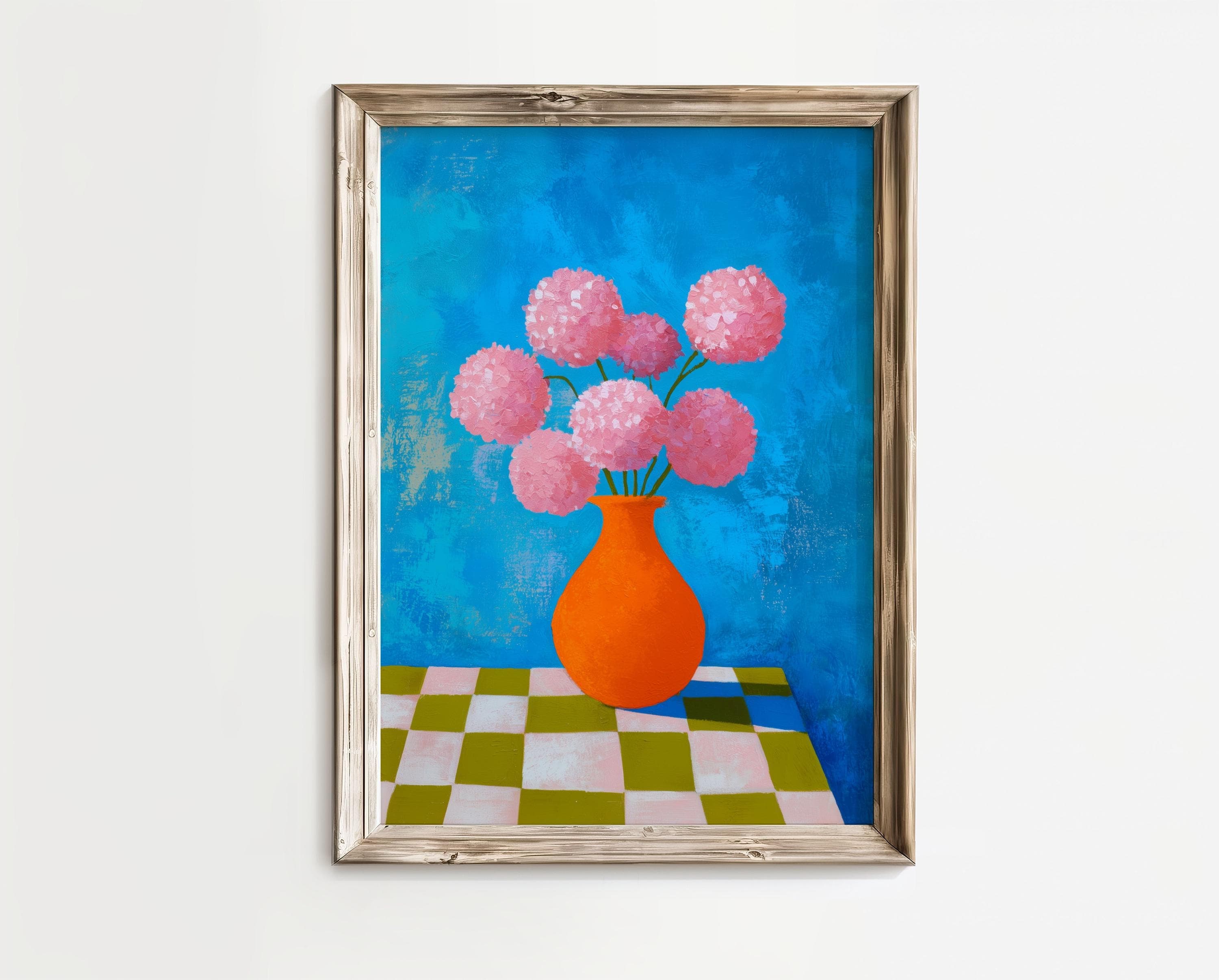 Modern Pink Flower Art Print – Bold Orange Vase Wall Decor – Colorful Floral Painting, Abstract Floral Art Print, Colorful Botanical Art