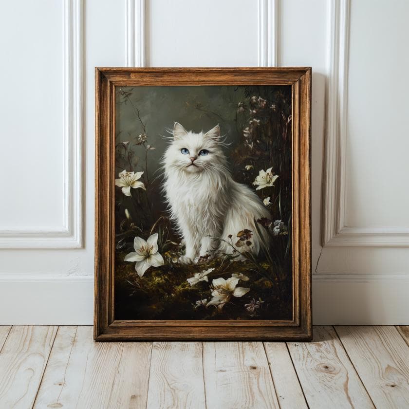 Botanical Cat Art, Floral White cat print, flower cat vintage poster, White Cat Floral Print, Cottagecore Cat Art, Digital Download
