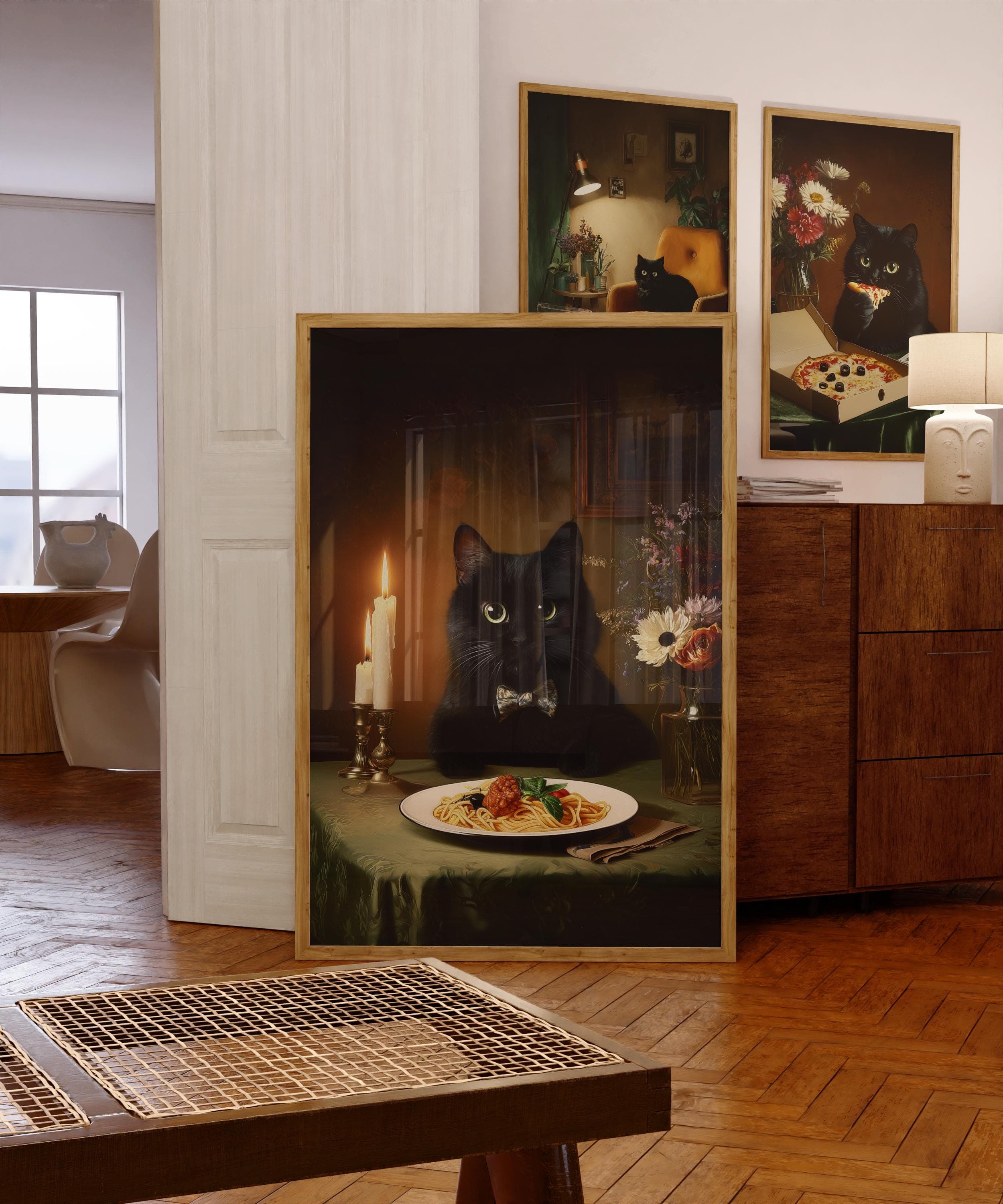 Black Cat Spaghetti Art Print, Funny Black Cat Wall Art, Pasta Lover Gift, Dark Academia Cat Wall Art, Quirky Dining Room Poster, Black Cat