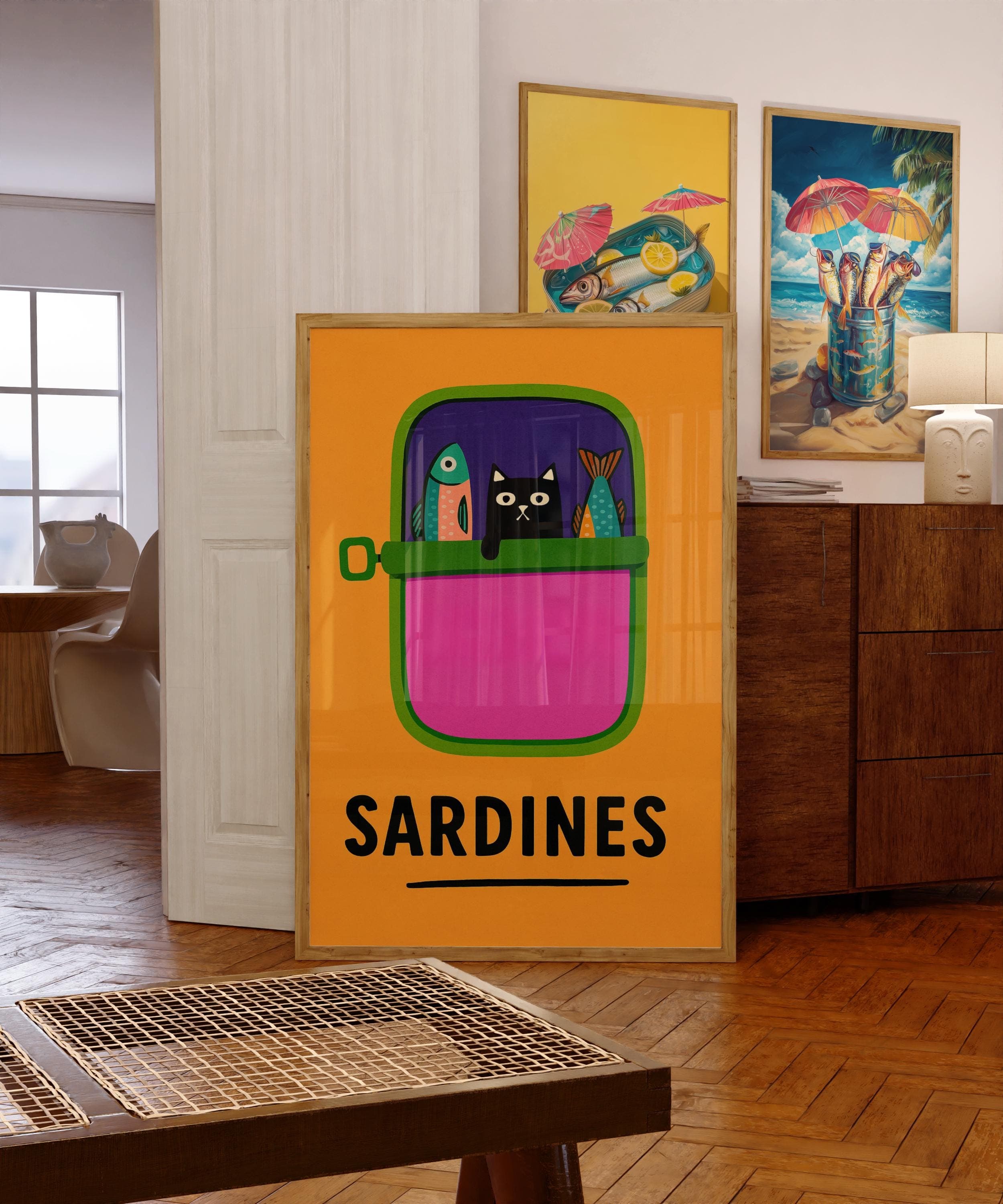 Funny Black Cat Wall Art, Black Cat in Sardine Tin with Colorful Fish, Funny Kitchen Wall Art, Sardine Tin Wall Art, Retro Pop Art Print