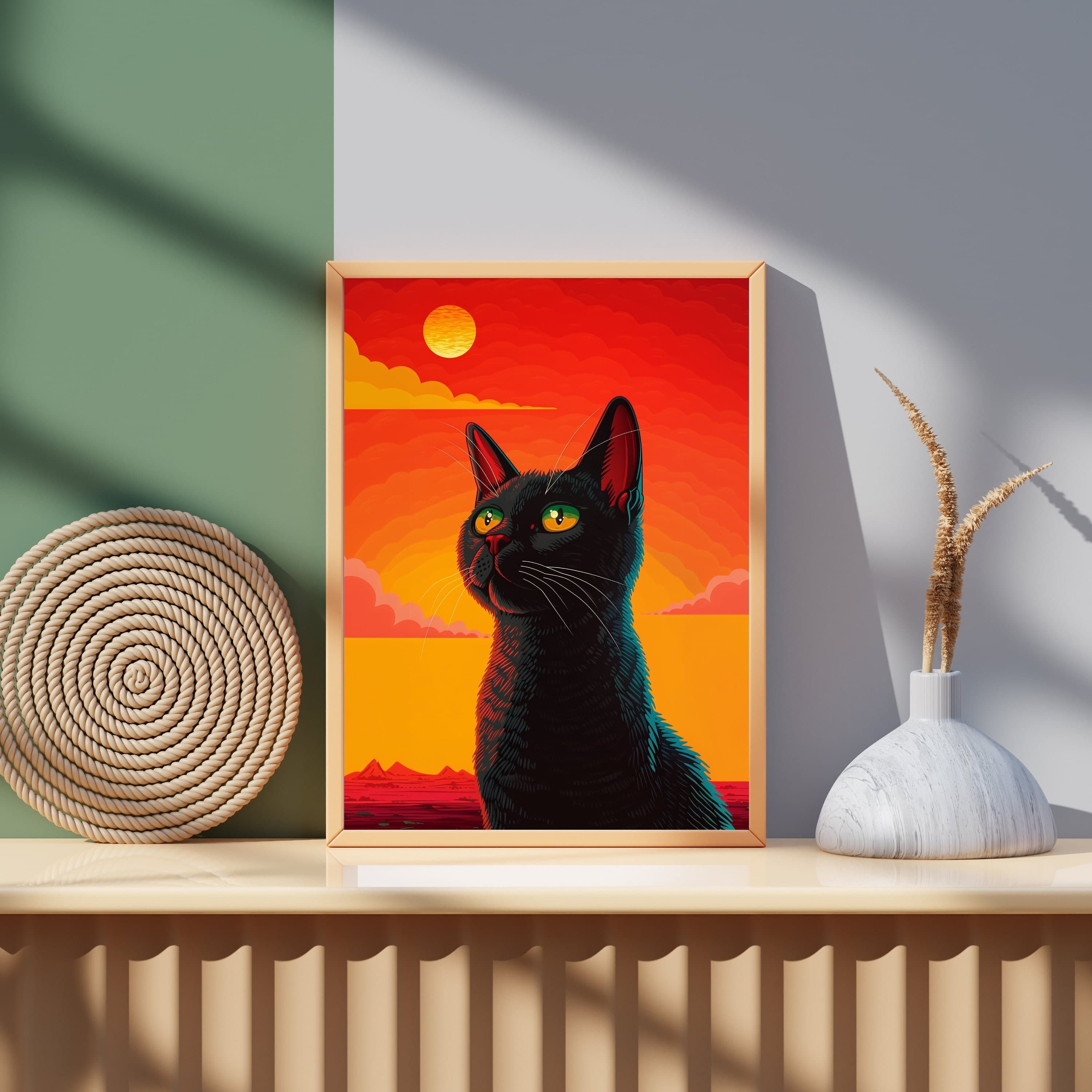 Black Cat Painting with Sunset, Black Cat Poster, Dopamine Decor, Cat Art Print,Cat mom gift, Black Cat Drawing Print, International Cat Day - view 6