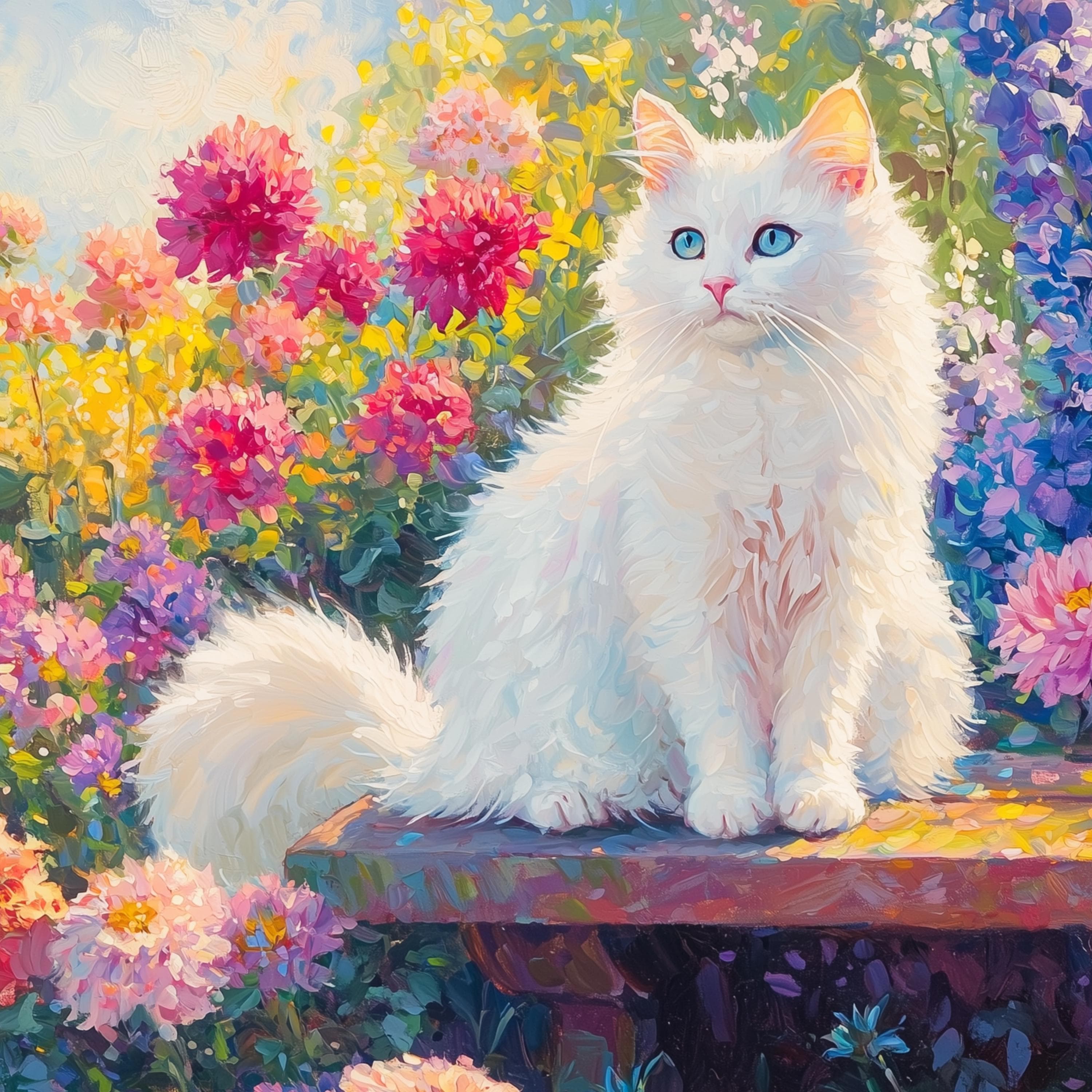 Fluffy white cat in a flower garden, Oil painting of cat and flowers, Garden oil painting print,Colorful floral art print, White Cat Artwork - view 3