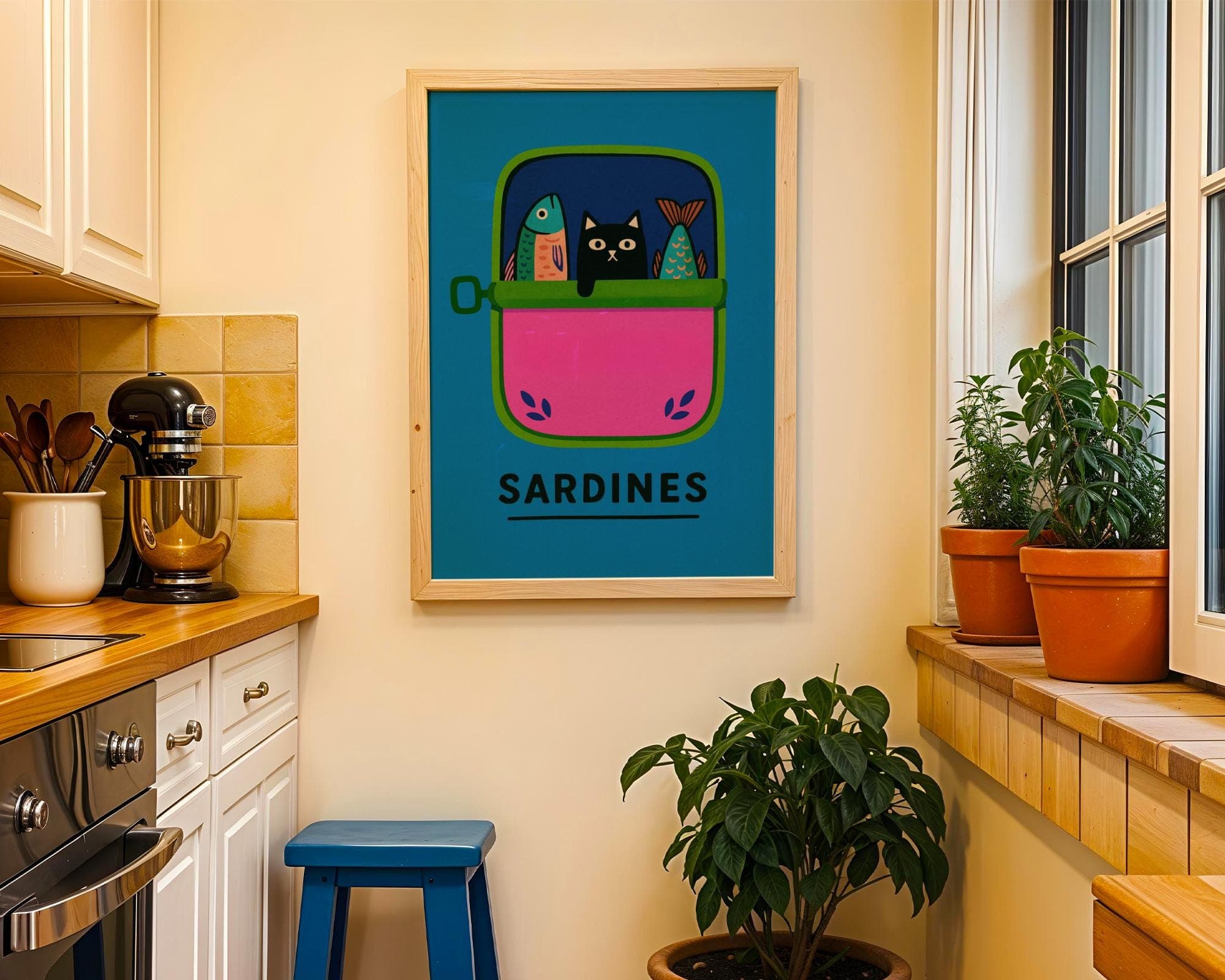Funny Black Cat Wall Art, Black Cat in Sardine Tin with Colorful Fish, Funny Kitchen Wall Art, Sardine Tin Wall Art, Retro Pop Art Print - view 5