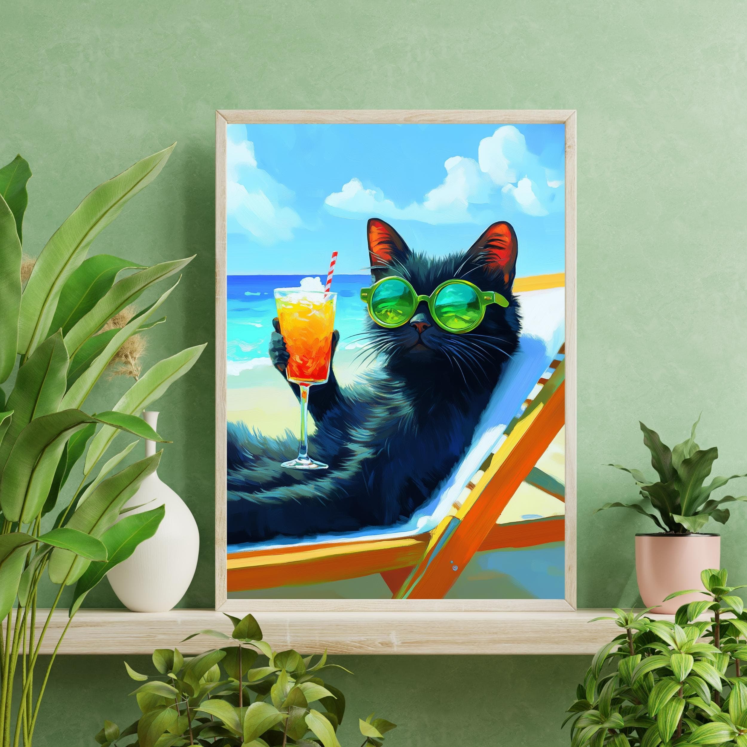 Sunbathing Cat Art Print, Black Cat Digital Poster, Black Cat Oil Painting, Colorful Cat Print, Matisse Cat Print, Summer Beach Cat Art - view 6